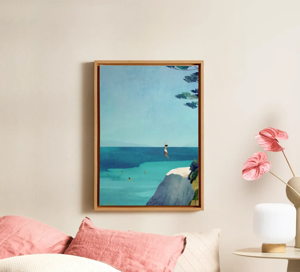 Blauwe Zee Zwemsprong Print canvas met Baklijst van Beauty wall