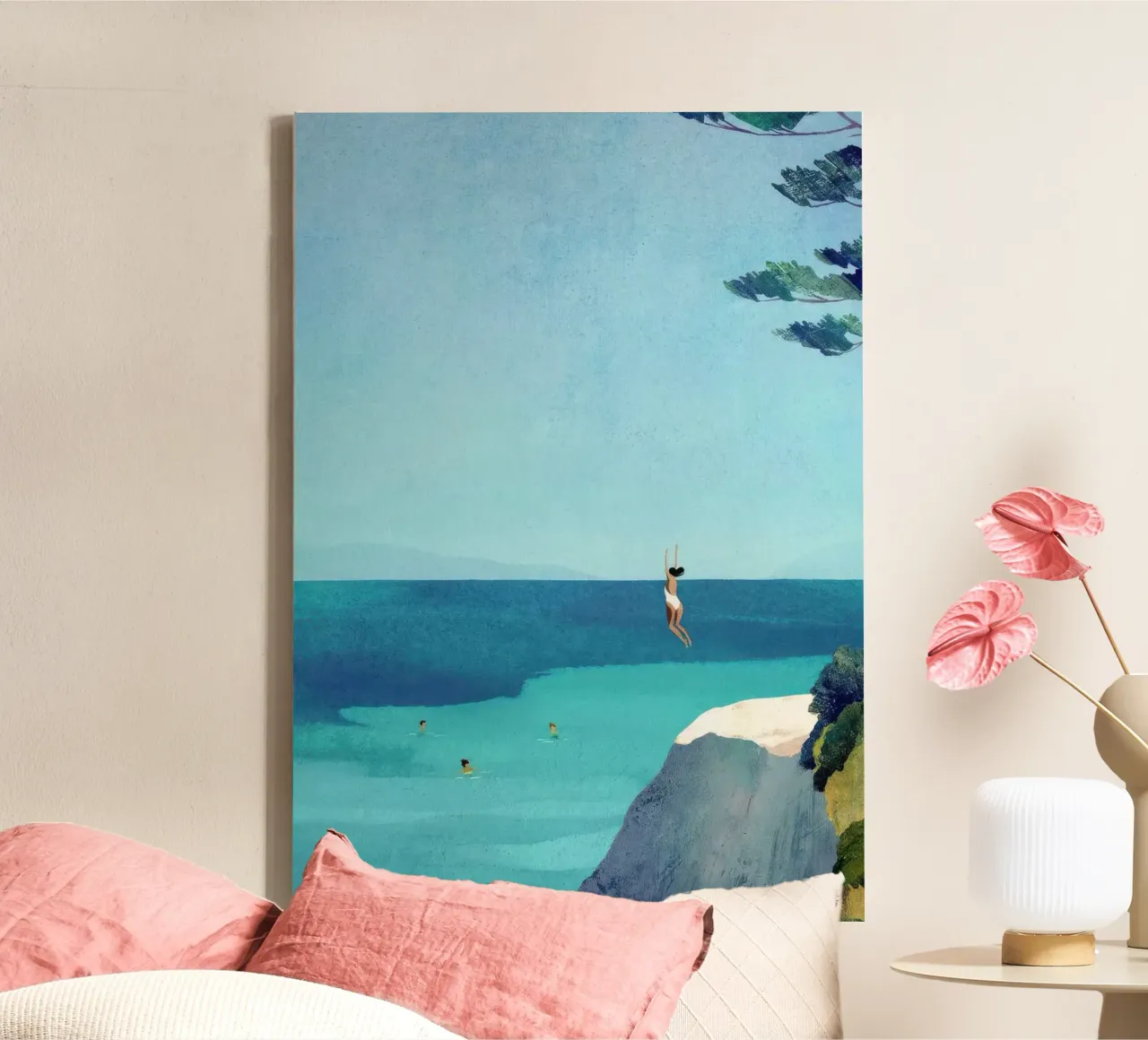 Blauwe Zee Zwemsprong Print canvas met Baklijst van Beauty wall