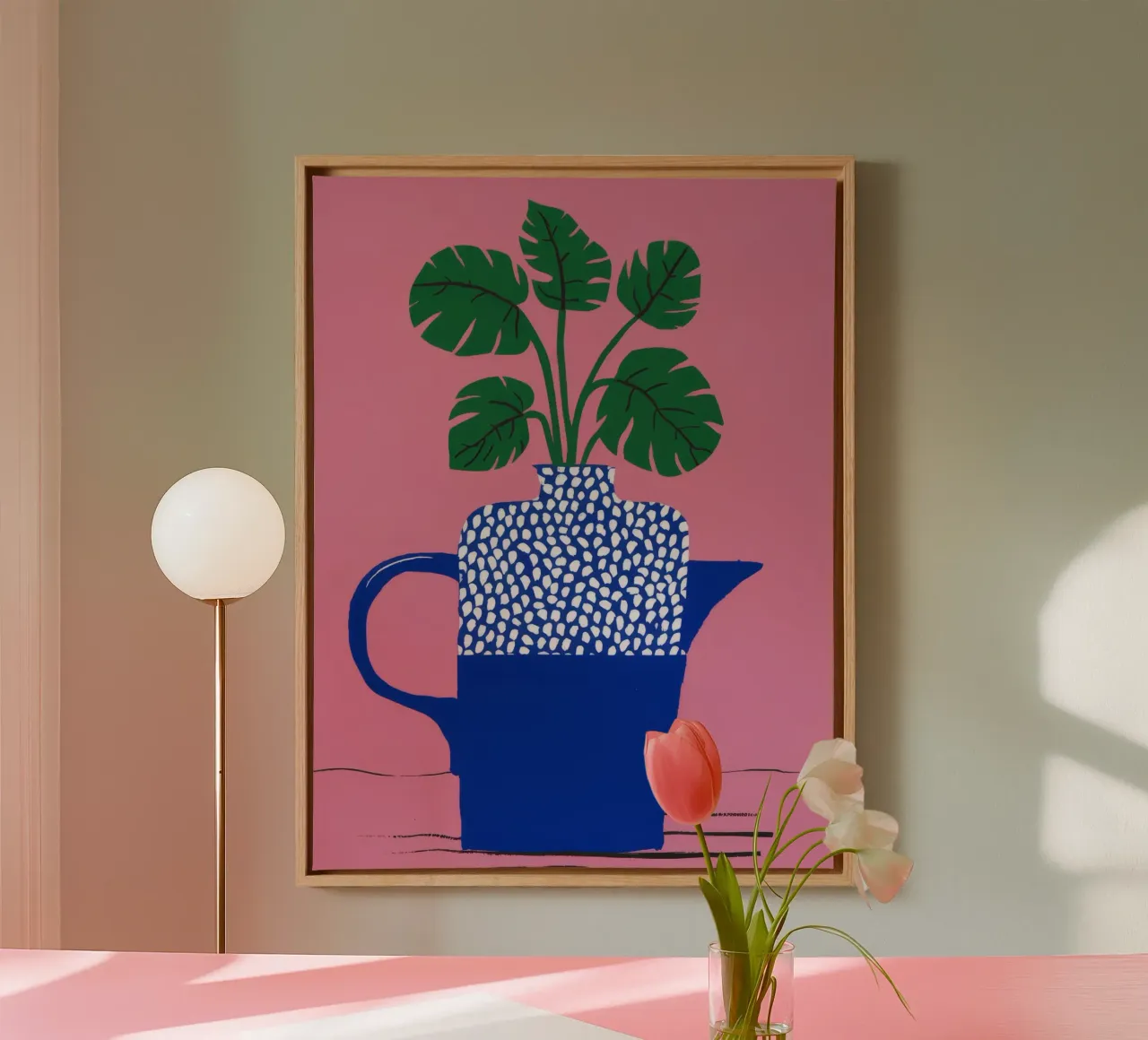 Blaue Polka Dot Pflanze Leinwand mit Schattenfugenrahmen von Muse Artworks