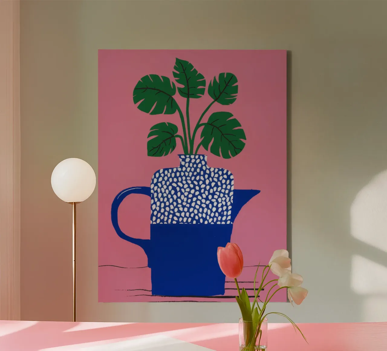 Blaue Polka Dot Pflanze Leinwand mit Schattenfugenrahmen von Muse Artworks