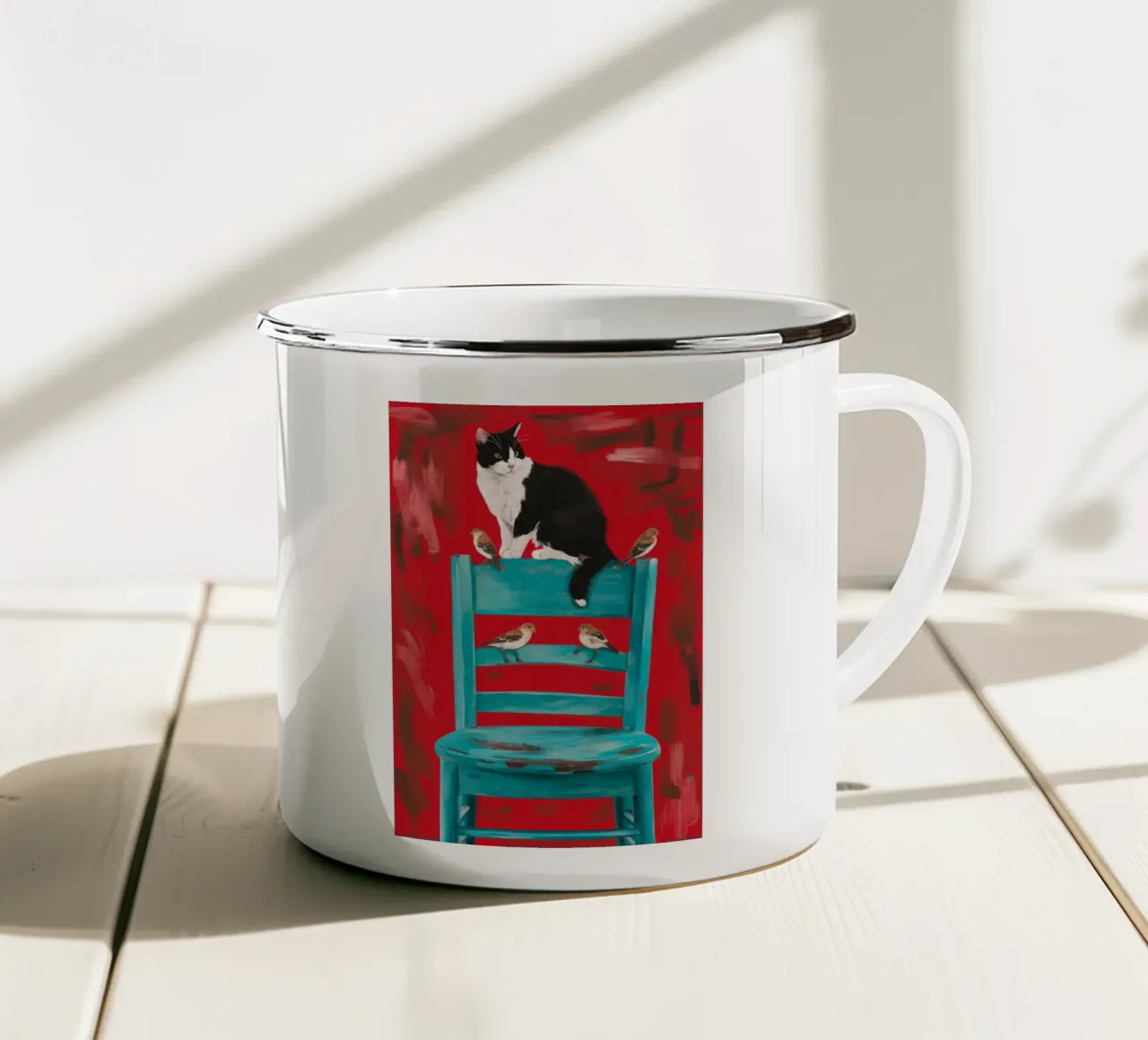 Sedia rossa Gatto smoking tazza in smalto da FadeAura