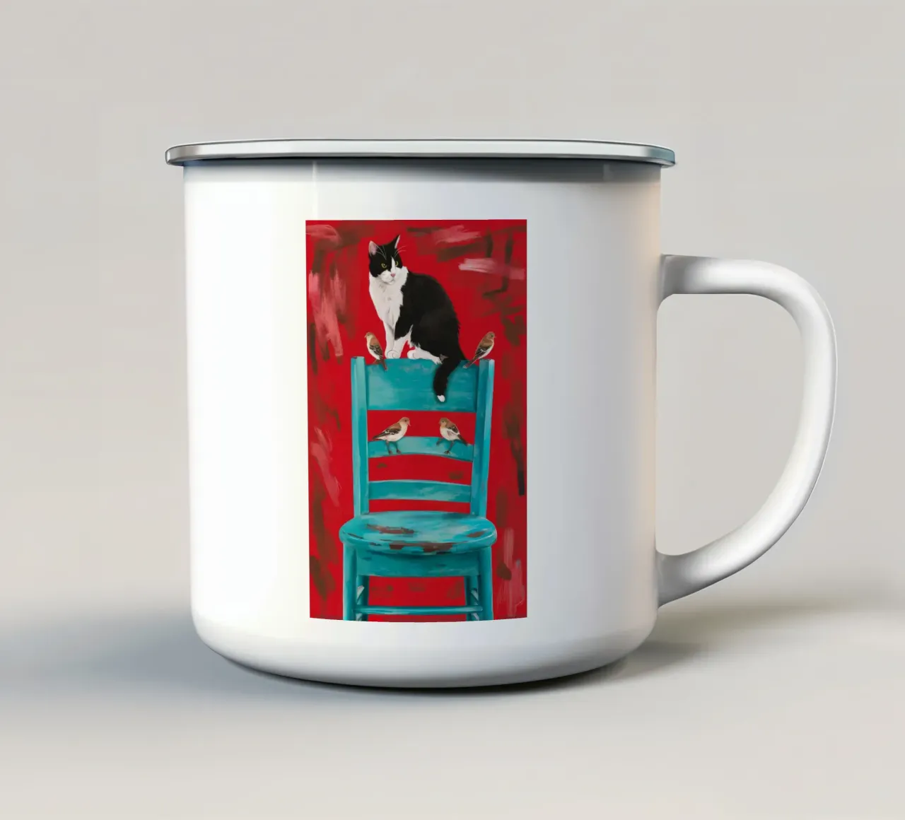 Sedia rossa Gatto smoking tazza in smalto da FadeAura