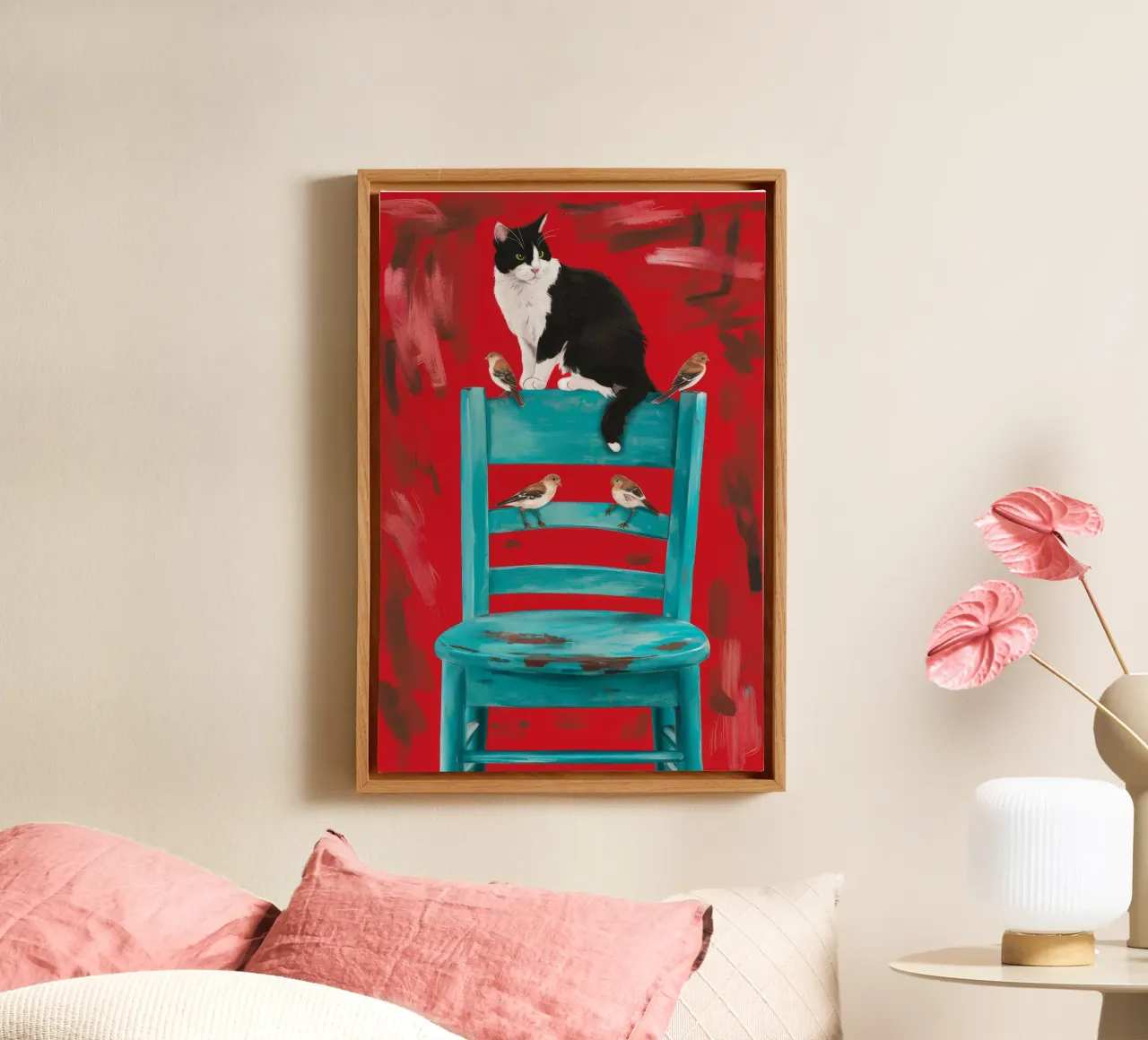 Roter Stuhl Tuxedo Katze Leinwand mit Schattenfugenrahmen von FadeAura