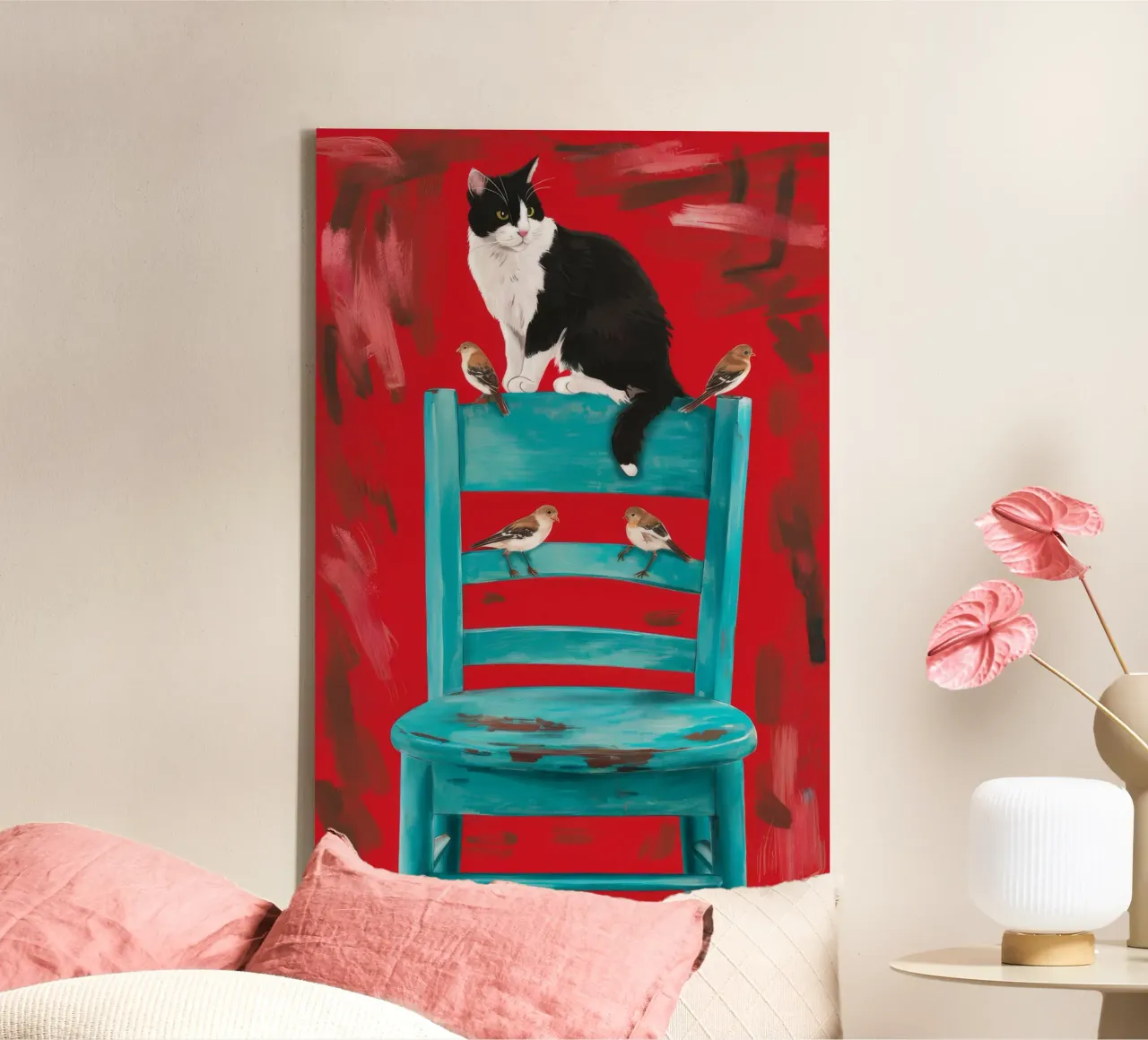 Roter Stuhl Tuxedo Katze Leinwand mit Schattenfugenrahmen von FadeAura