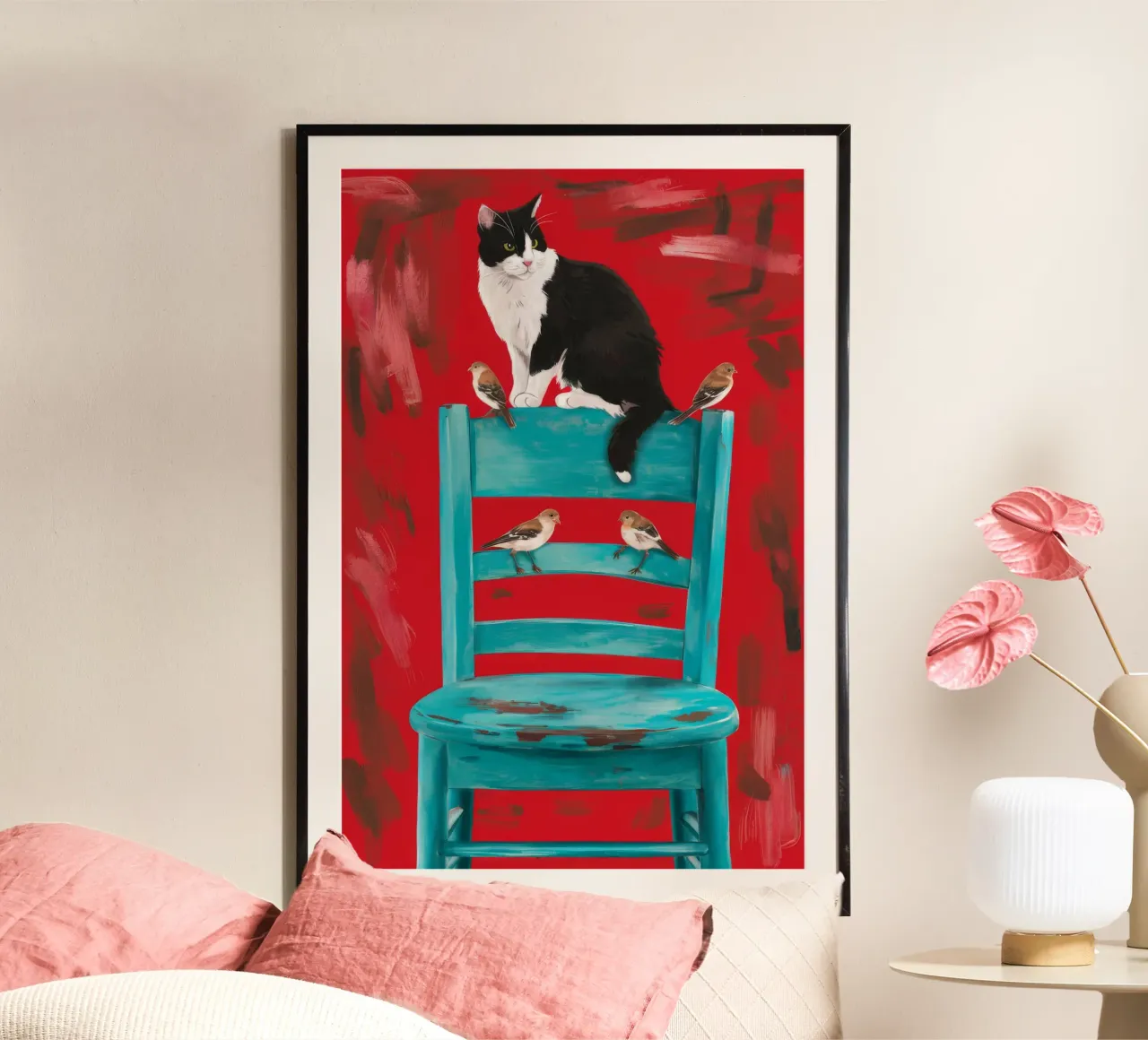Sedia rossa Gatto smoking poster con telaio in legno da FadeAura