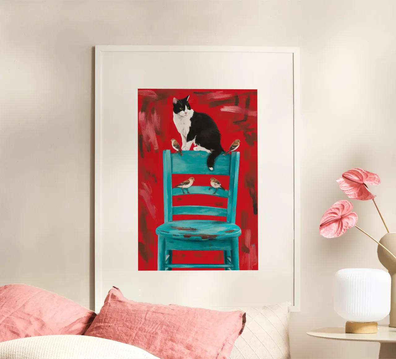 Sedia rossa Gatto smoking poster con telaio in legno da FadeAura