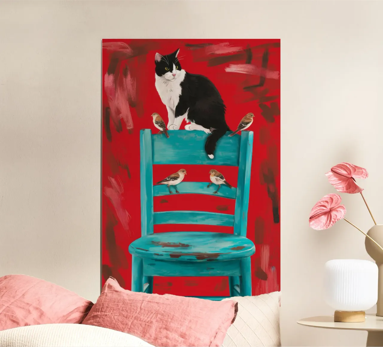 Sedia rossa Gatto smoking poster con telaio in legno da FadeAura