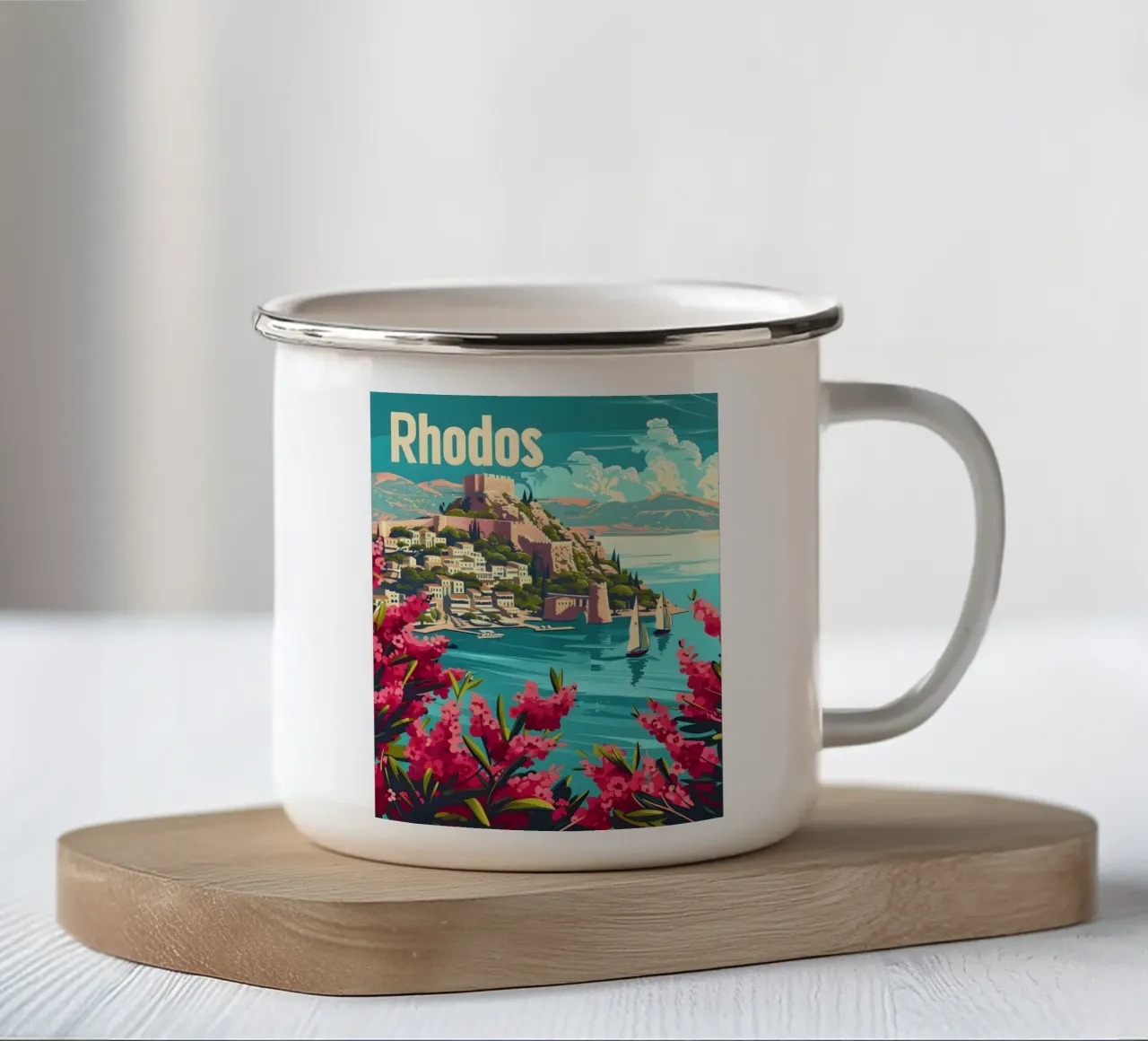 Poster di viaggio vintage di Rodi tazza in smalto da Vintage Travel Art