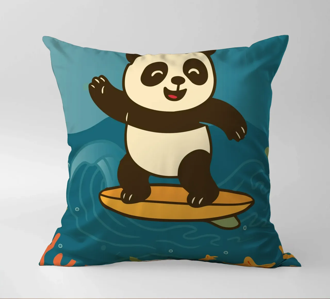 Felice panda che fa surf - illustrazione estiva cuscino da namosh
