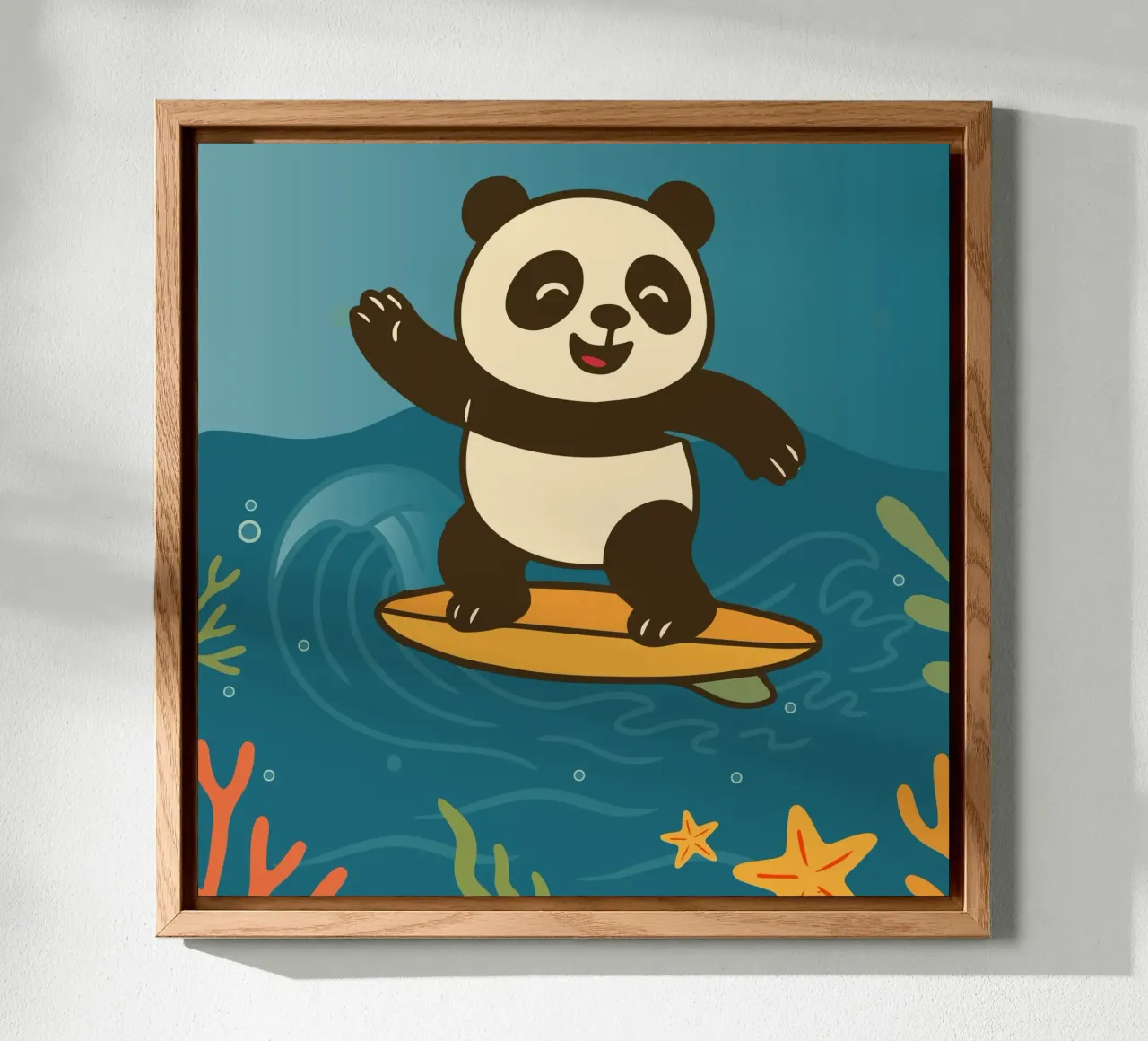 Felice panda che fa surf - illustrazione estiva alluminio dibond da namosh