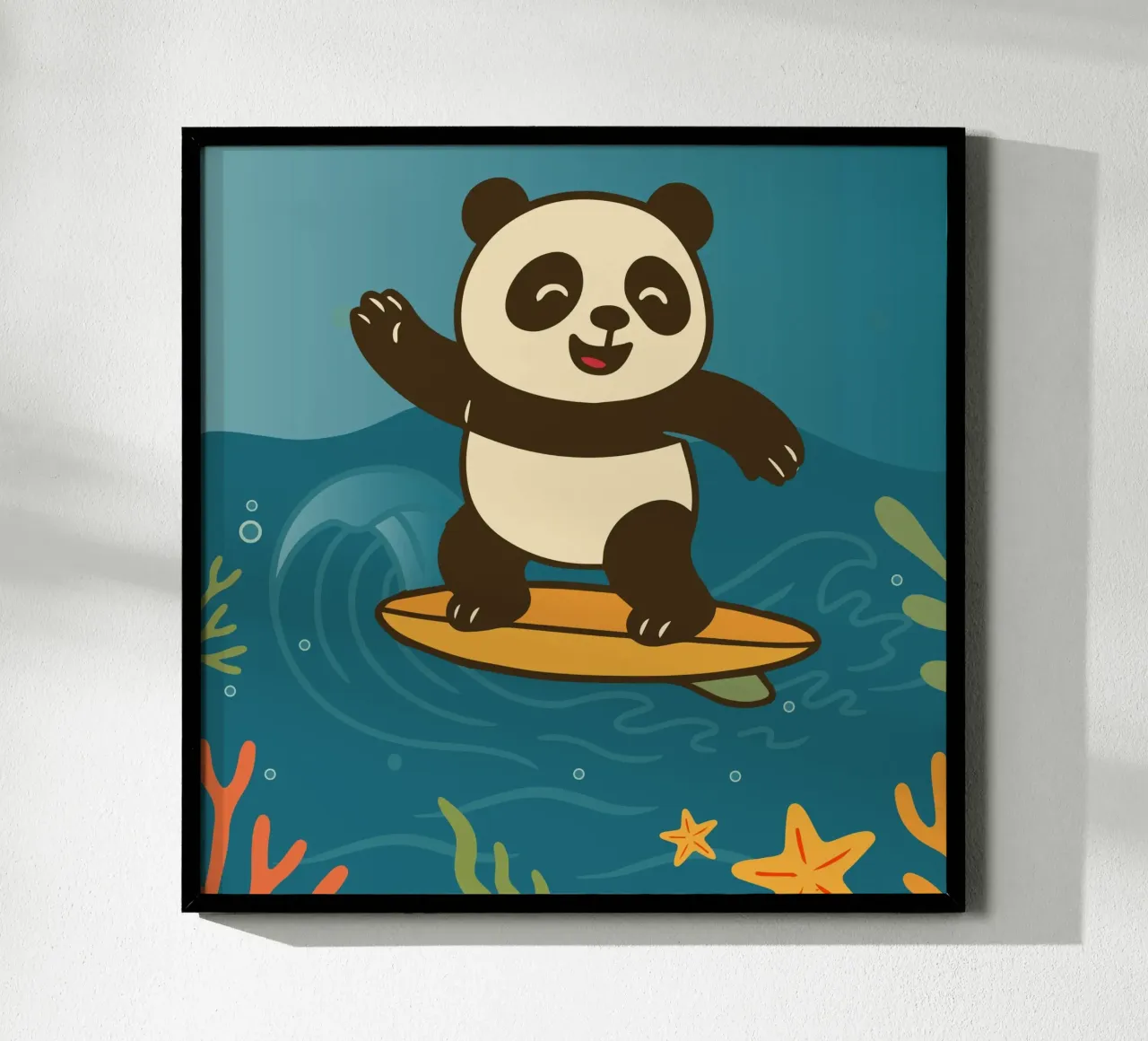 Felice panda che fa surf - illustrazione estiva poster con telaio in plastica da namosh