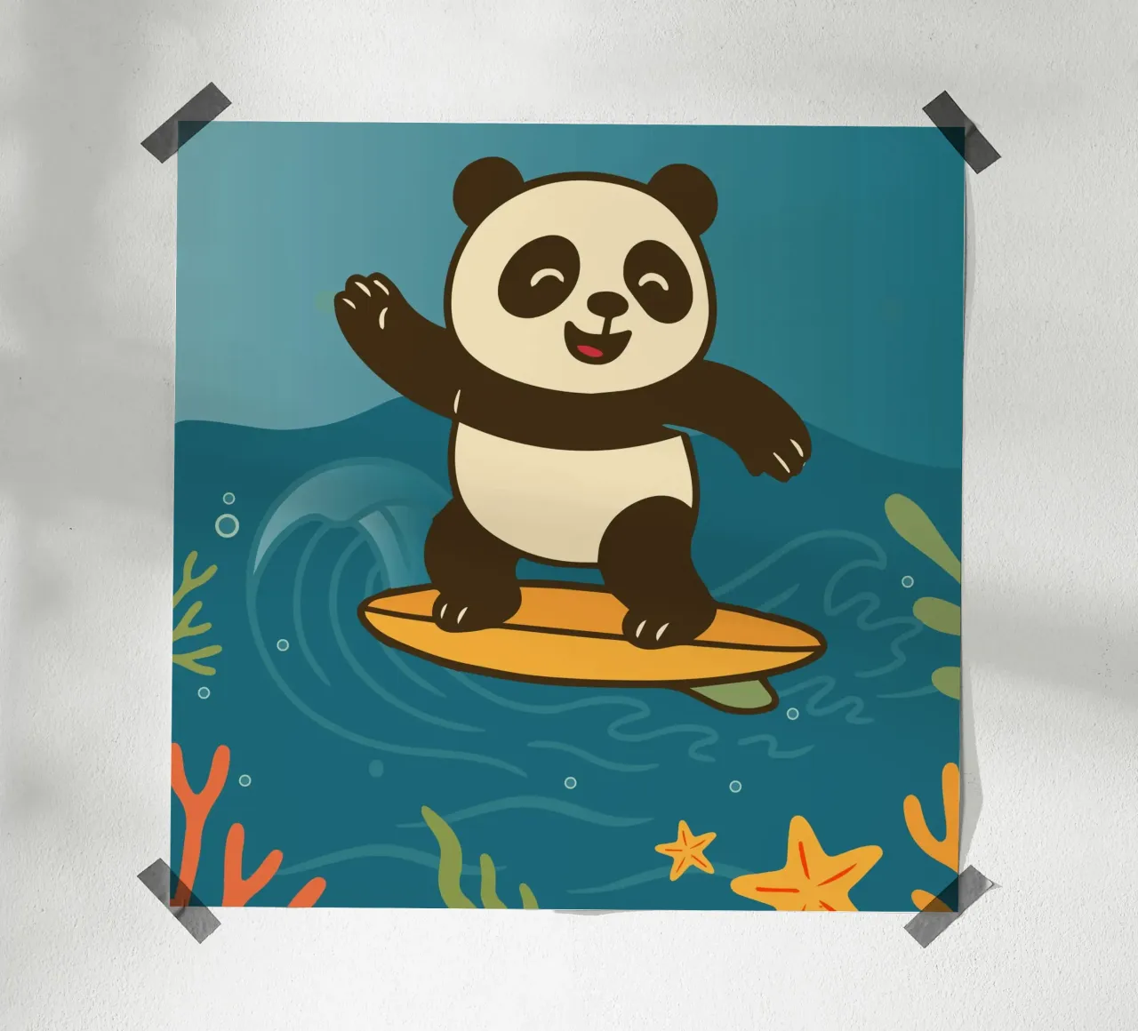 Felice panda che fa surf - illustrazione estiva poster con telaio in plastica da namosh