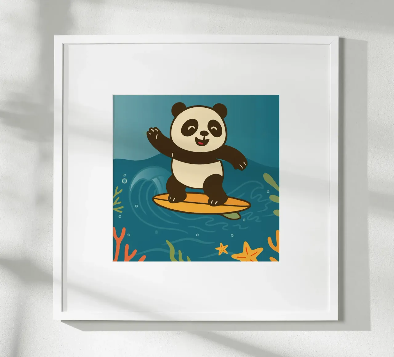 Felice panda che fa surf - illustrazione estiva poster con telaio in plastica da namosh