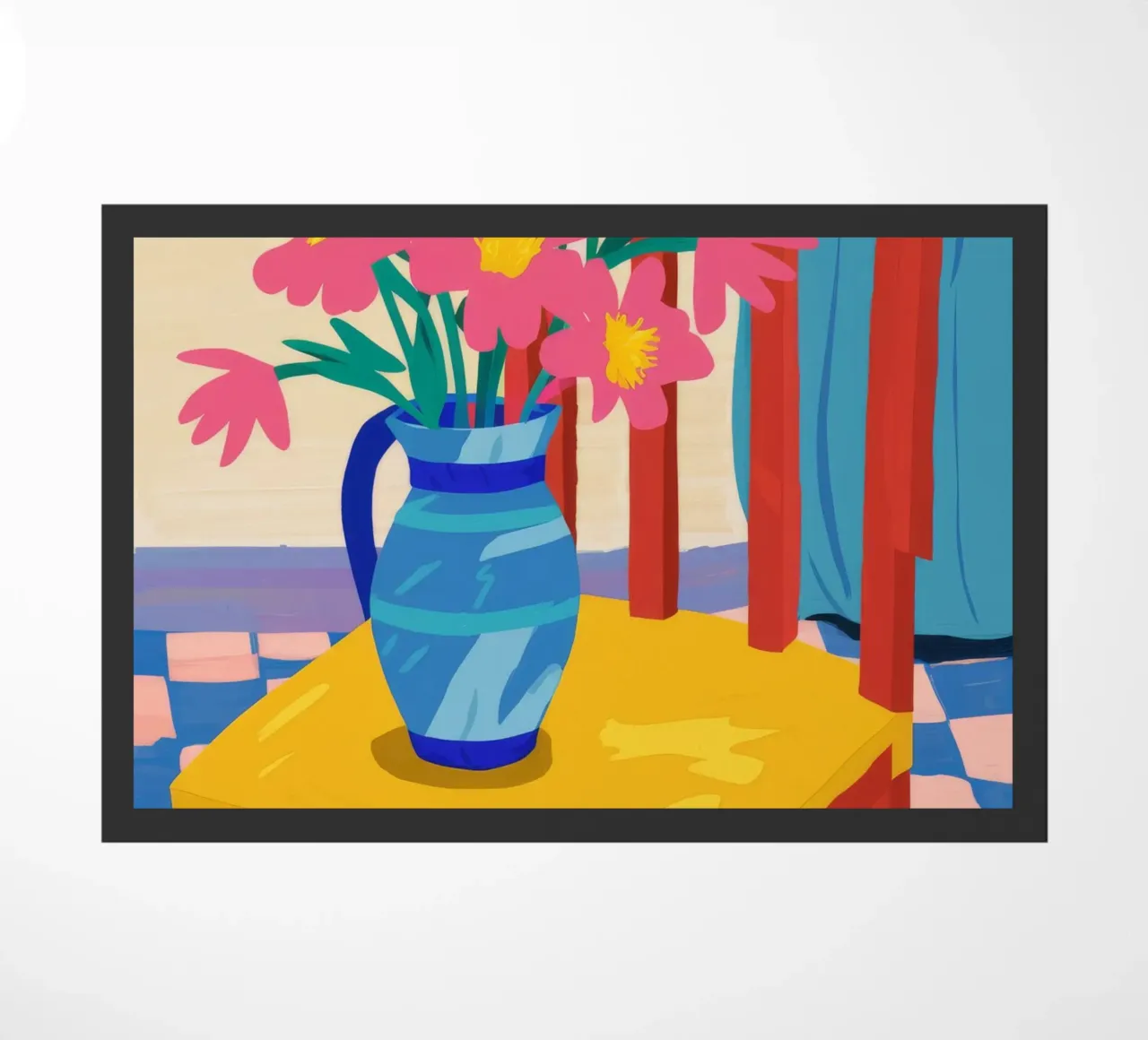 Vase bleu Table jaune paillasson de Stone Decade