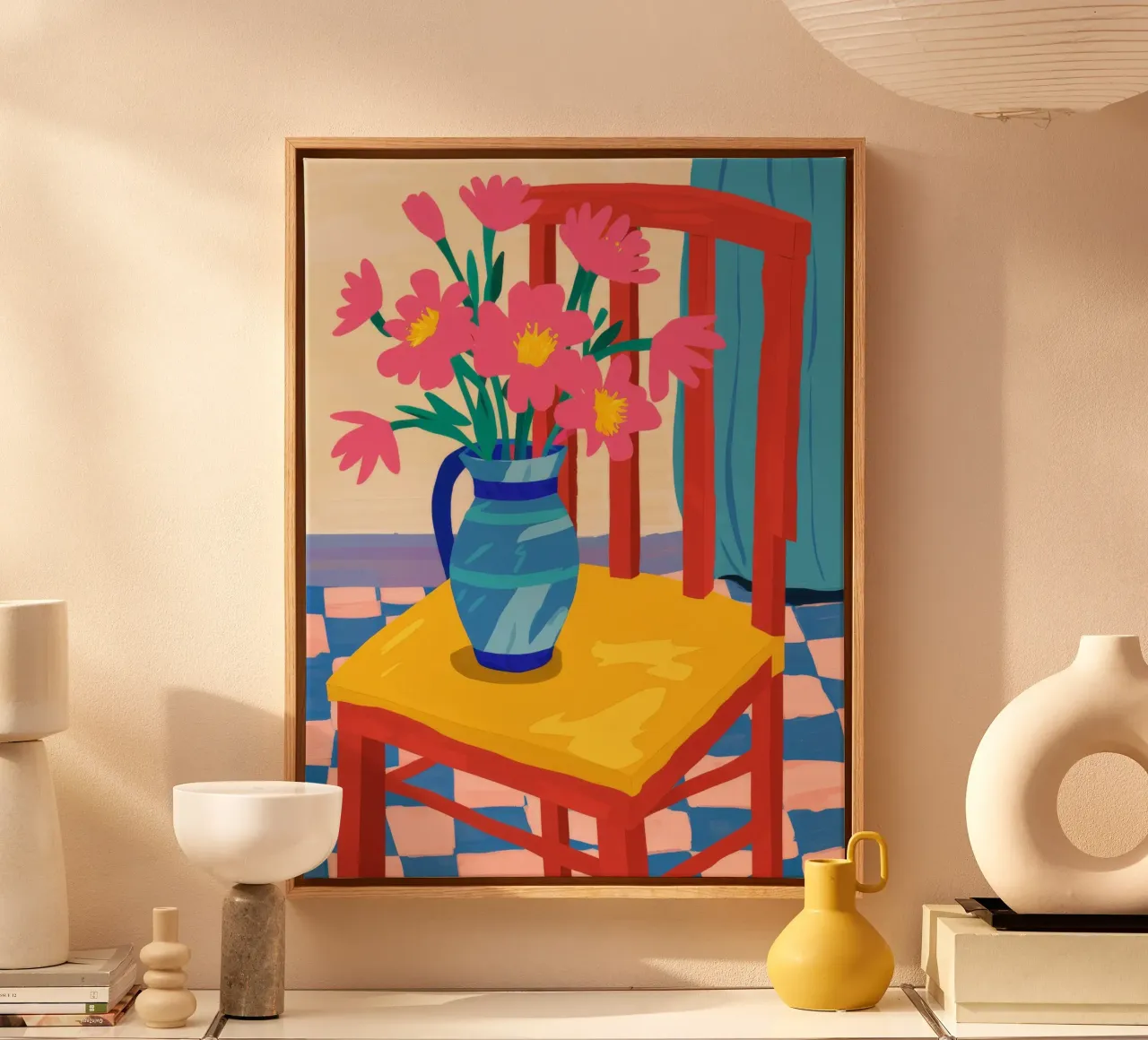 Vase bleu Table jaune toile avec Caisse américaine de Stone Decade