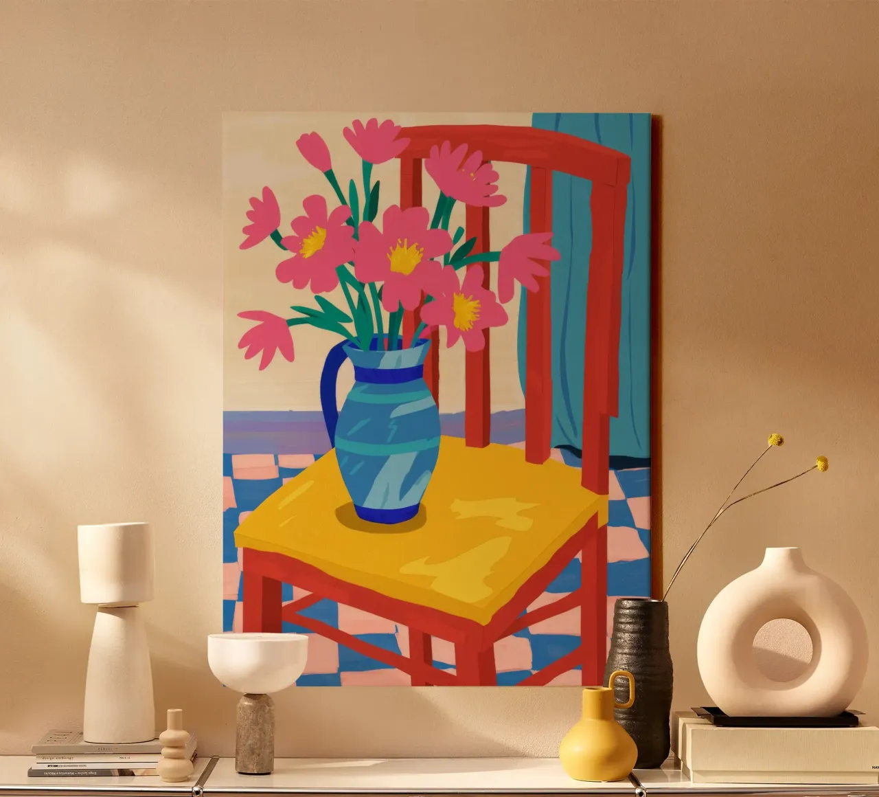 Vase bleu Table jaune toile avec Caisse américaine de Stone Decade