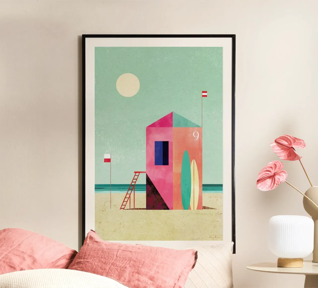 Surf Hut poster con telaio in alluminio da Henry Rivers