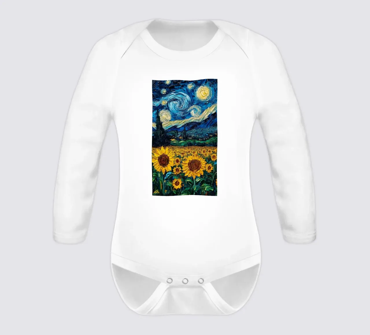 sunflower field on a clear starry night long-sleeve baby romper by Piper Shop Oke