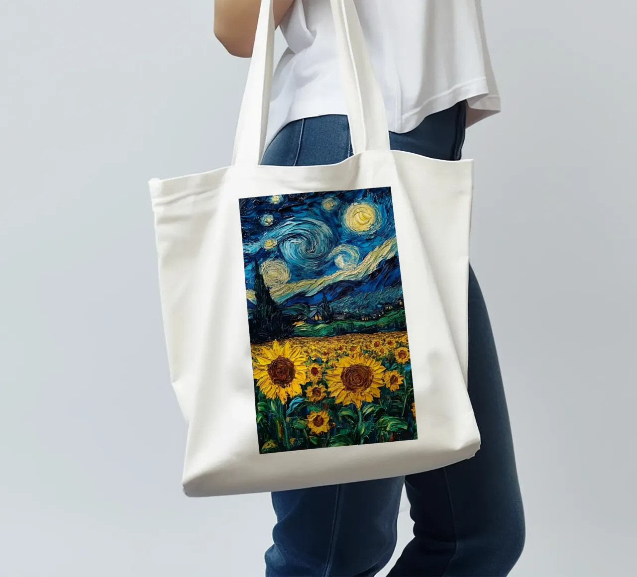 sunflower field on a clear starry night tote bag by Piper Shop Oke