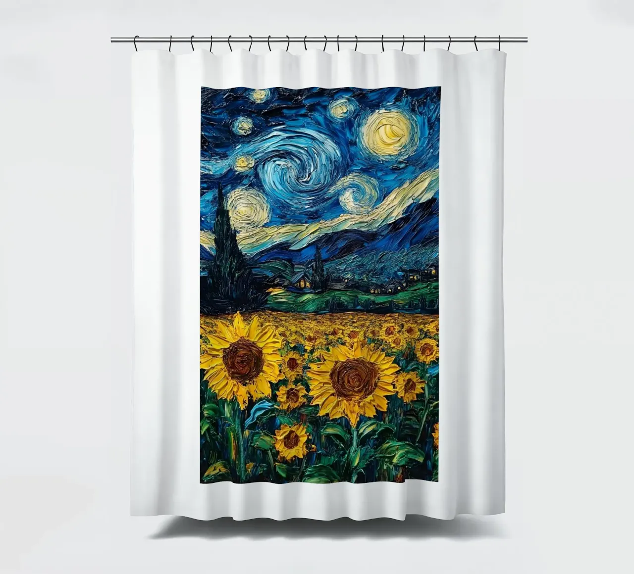 sunflower field on a clear starry night shower curtain by Piper Shop Oke