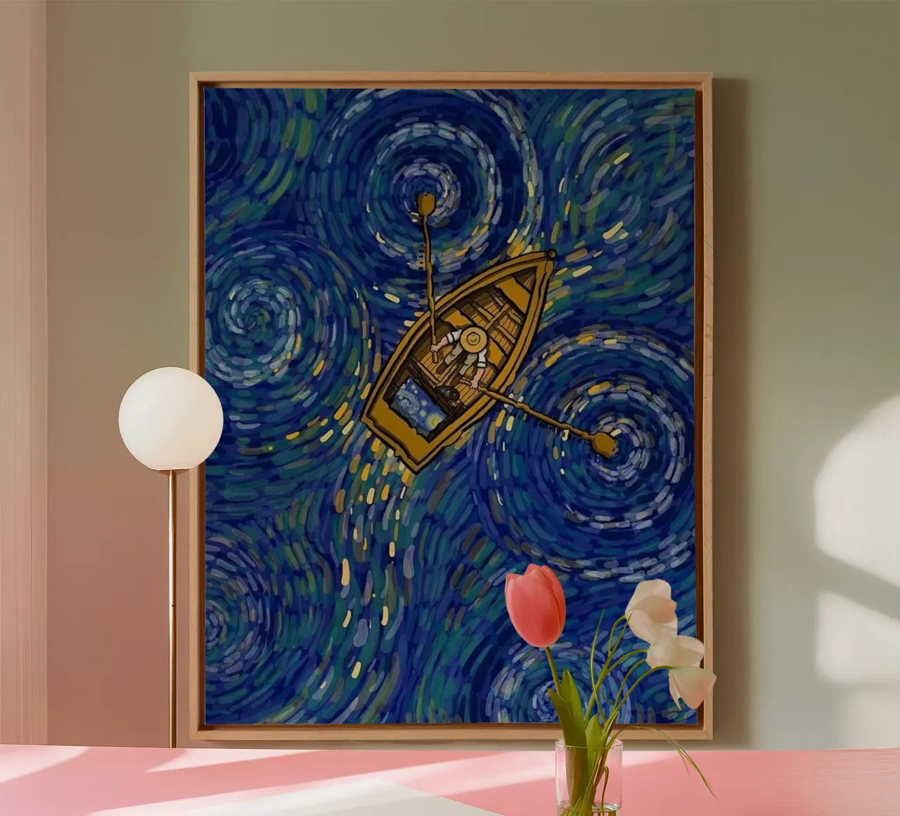 barca di notte con vasche idromassaggio tela con Cornice a cassetta da Piper Shop Oke