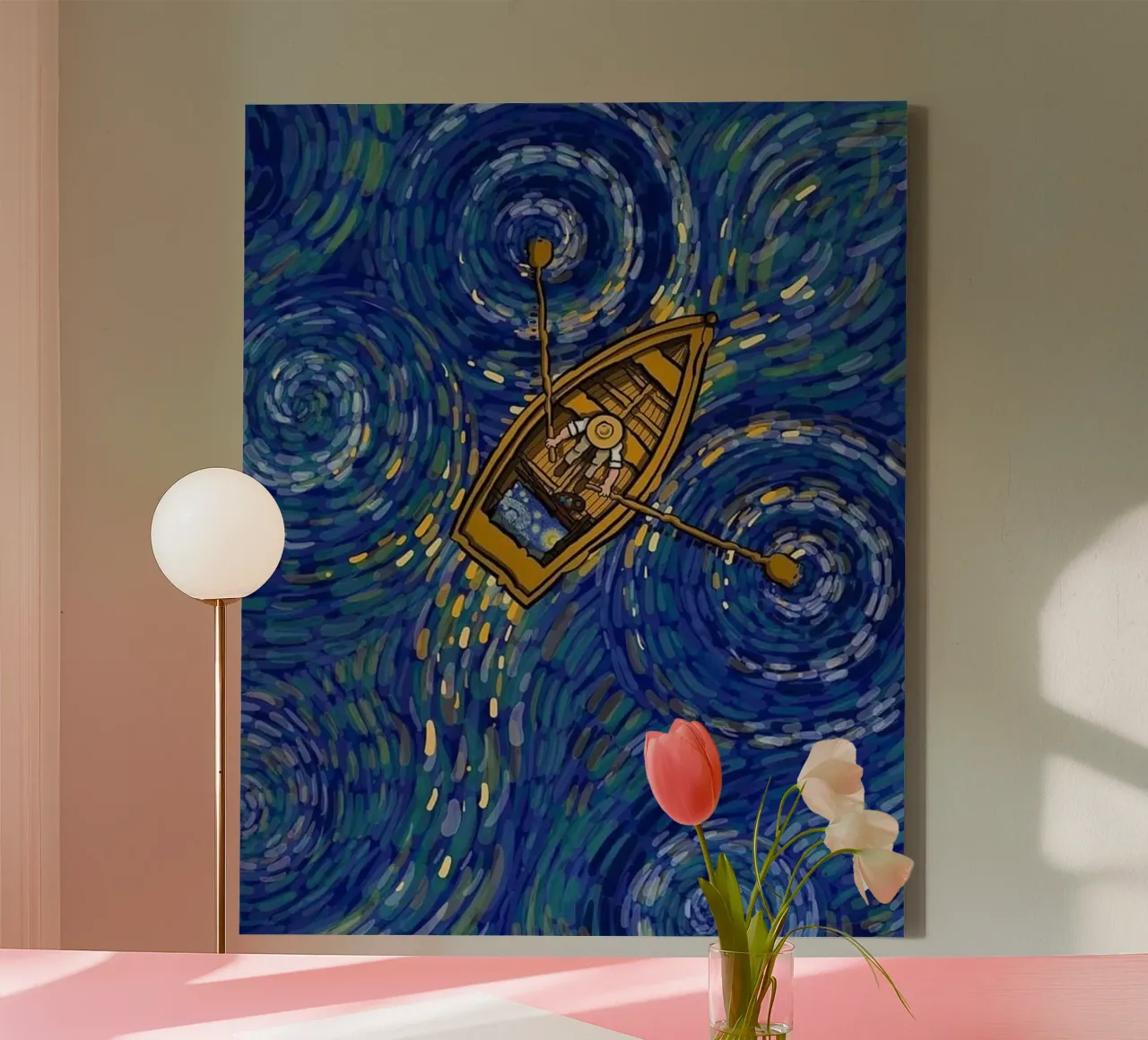 barca di notte con vasche idromassaggio tela con Cornice a cassetta da Piper Shop Oke