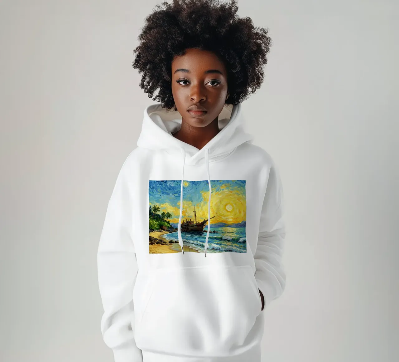 Vista della spiaggia con nave affondata in riva al mare felpa con cappuccio da Piper Shop Oke