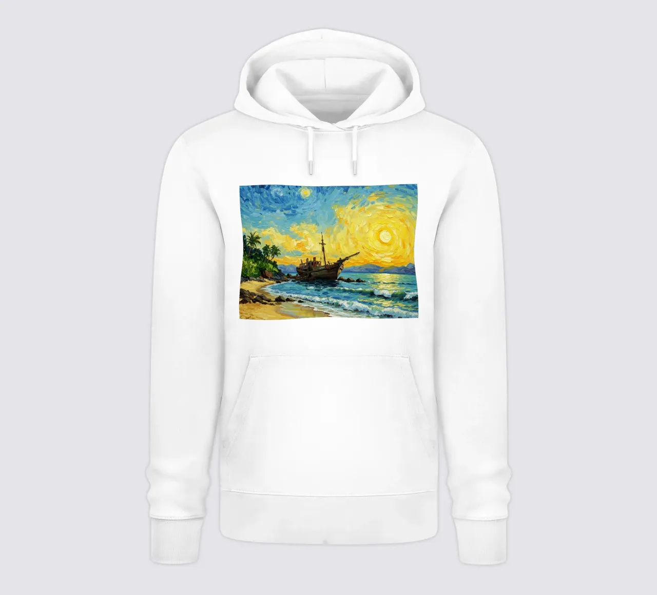 Vista della spiaggia con nave affondata in riva al mare felpa con cappuccio da Piper Shop Oke