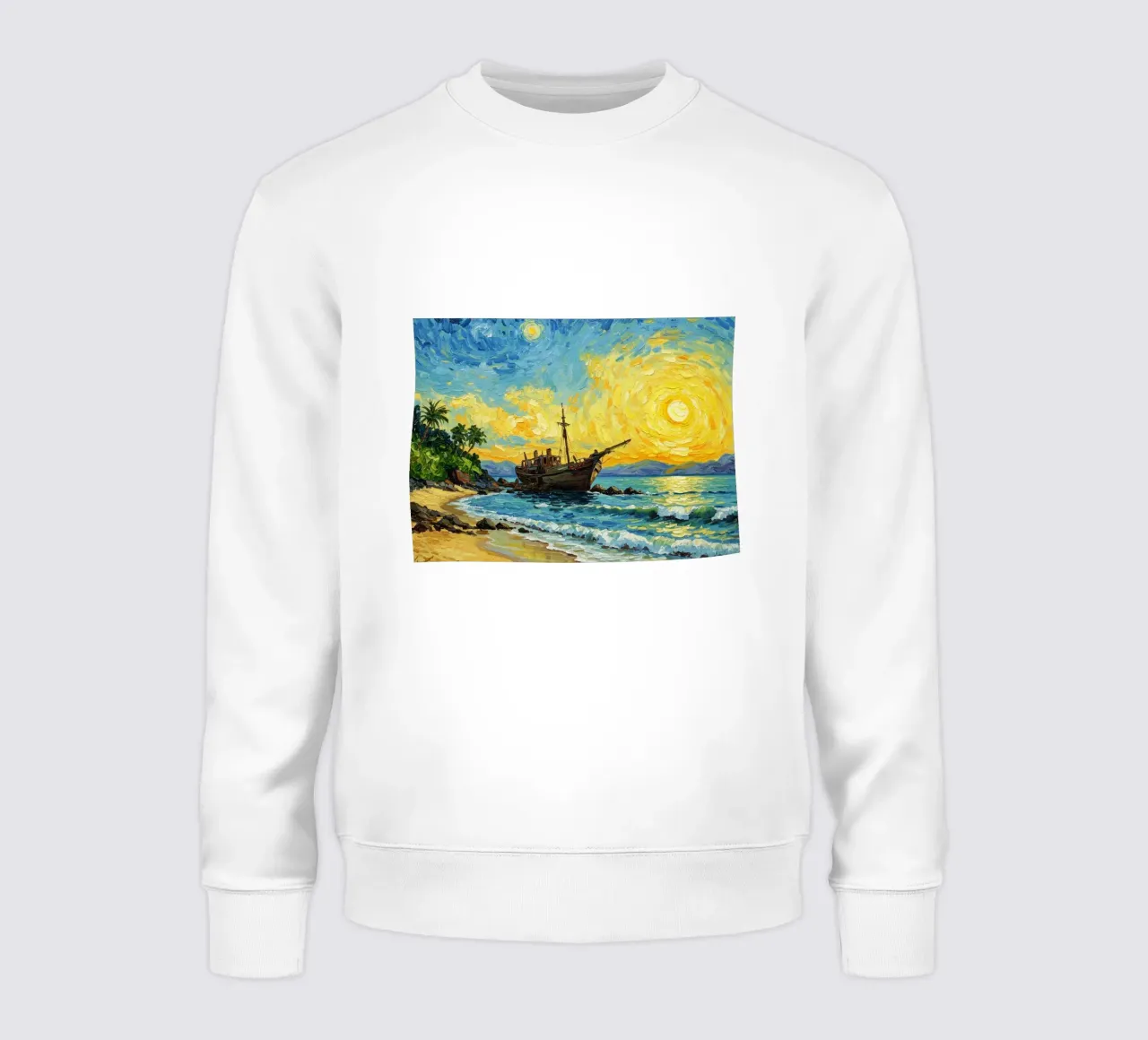 Vista della spiaggia con nave affondata in riva al mare felpa da Piper Shop Oke
