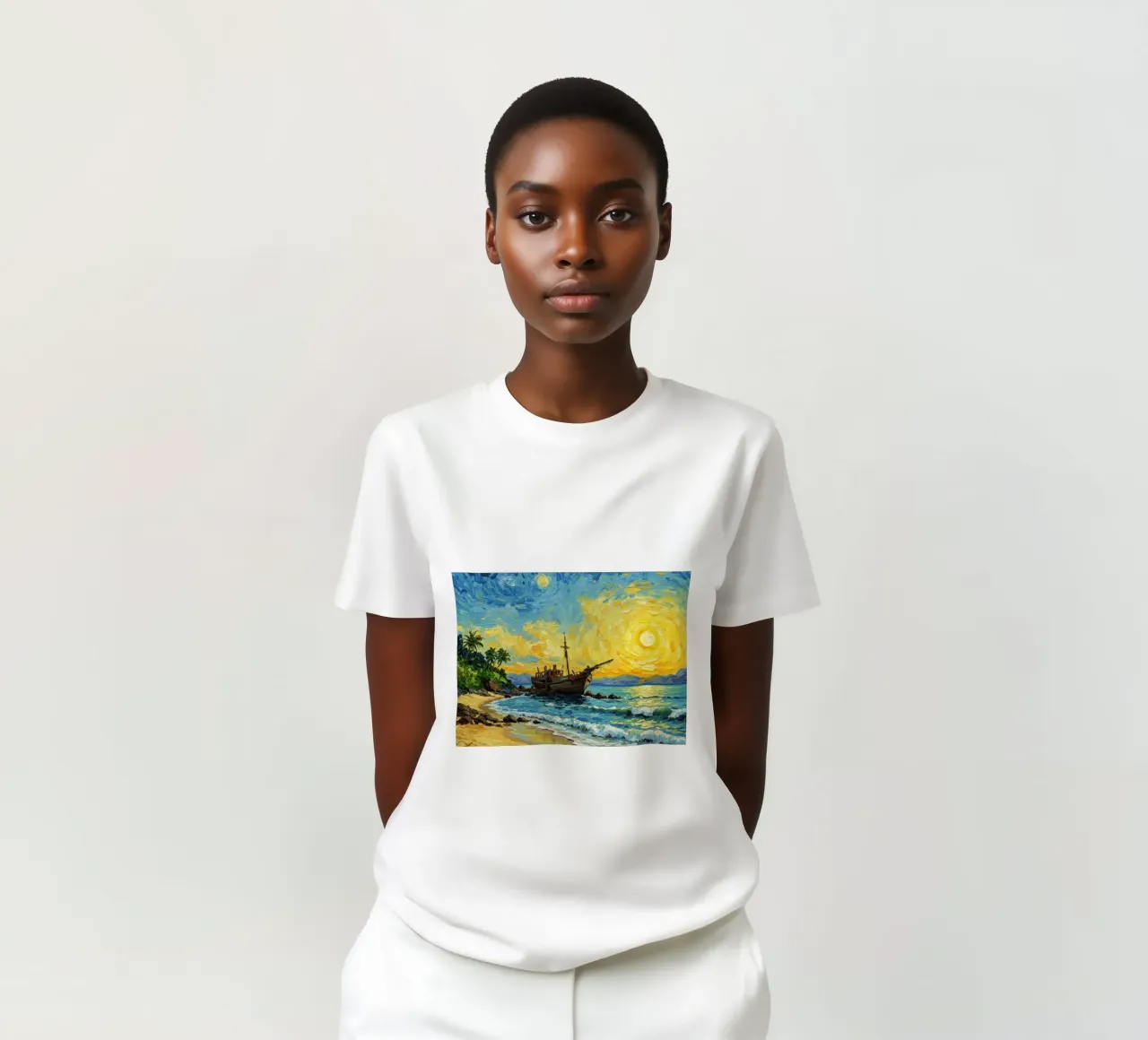 Vista della spiaggia con nave affondata in riva al mare t-shirt da Piper Shop Oke