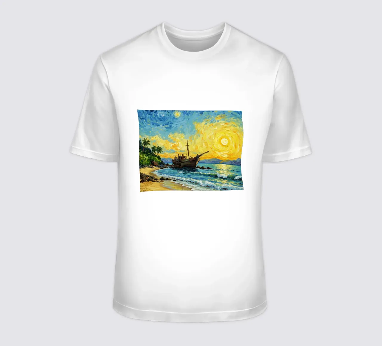 Vista della spiaggia con nave affondata in riva al mare t-shirt da Piper Shop Oke