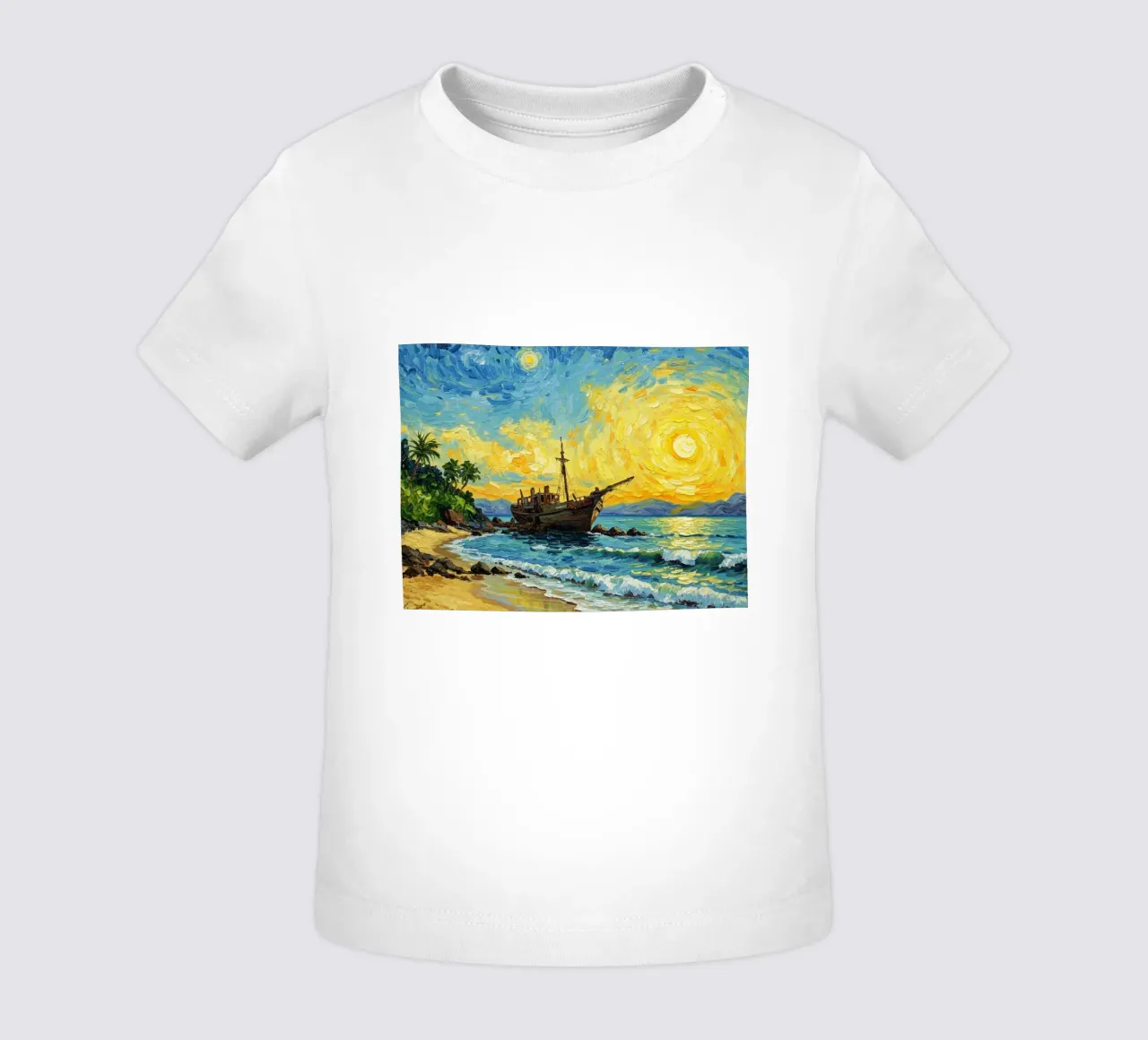 Vista della spiaggia con nave affondata in riva al mare maglietta neonato da Piper Shop Oke