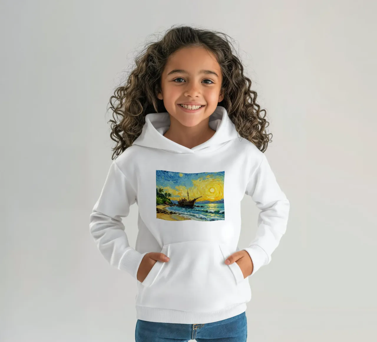 vista de la playa con un barco hundido a la orilla del mar sudadera con capucha para niño de Piper Shop Oke