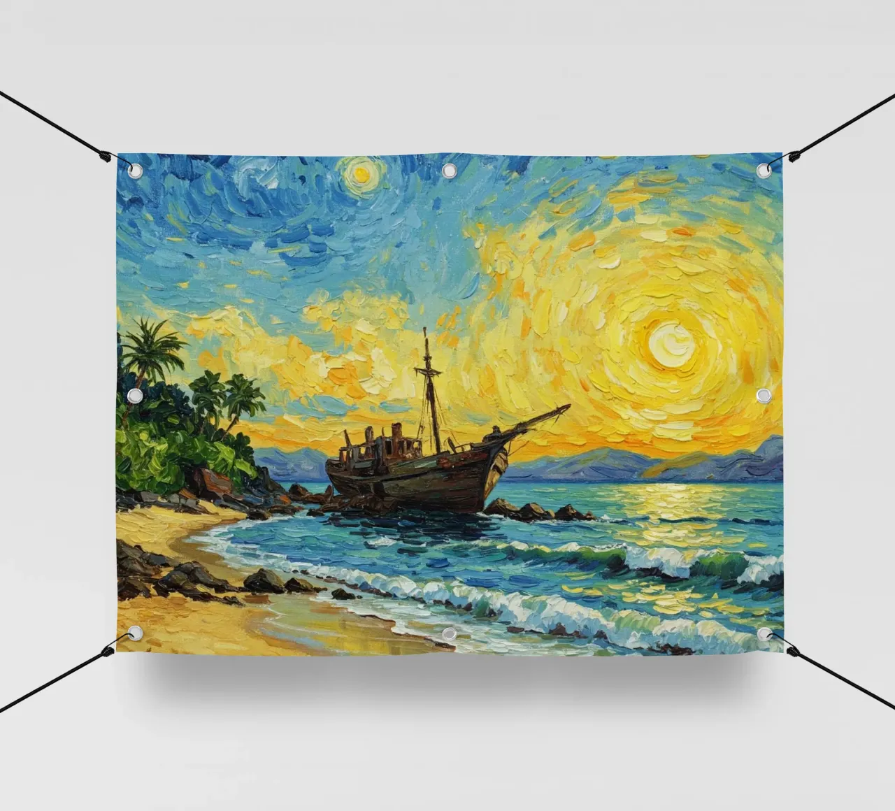Vista della spiaggia con nave affondata in riva al mare telo in pvc da Piper Shop Oke