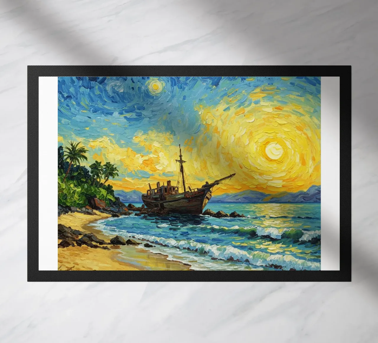 Vista della spiaggia con nave affondata in riva al mare zerbino da Piper Shop Oke