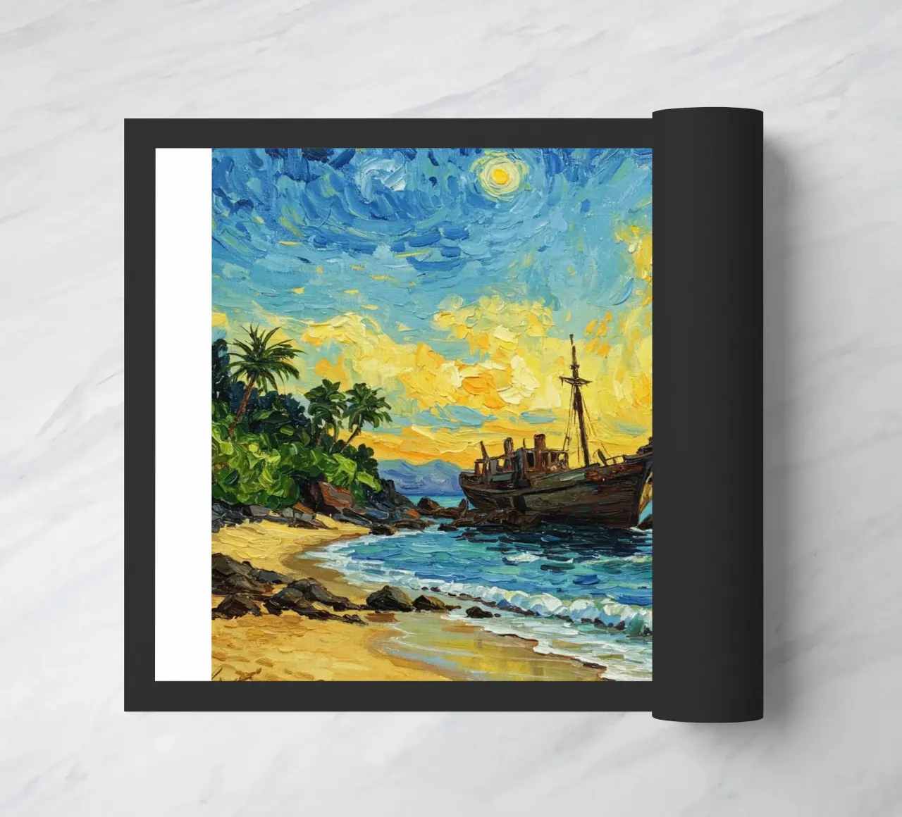 Vista della spiaggia con nave affondata in riva al mare zerbino da Piper Shop Oke