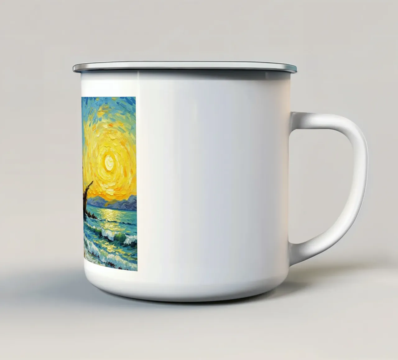Vista della spiaggia con nave affondata in riva al mare tazza in smalto da Piper Shop Oke