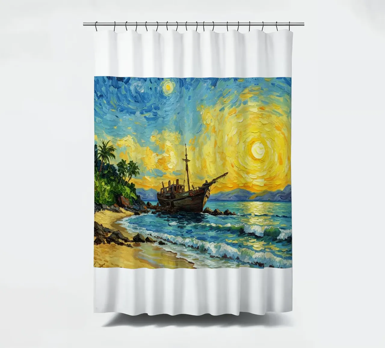 beach view with sunken ship standed on the seashore shower curtain by Piper Shop Oke