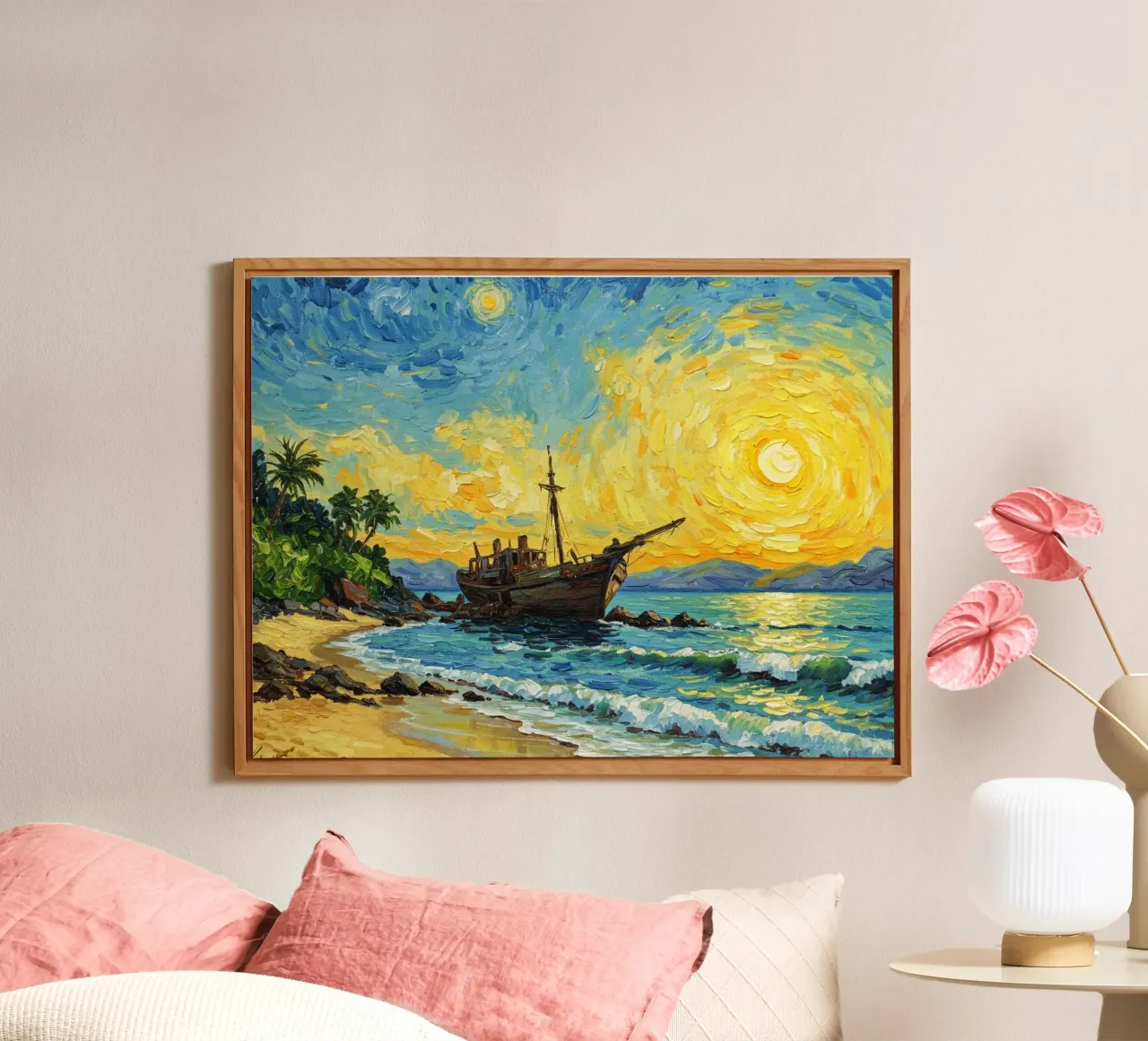 Vista della spiaggia con nave affondata in riva al mare alluminio dibond da Piper Shop Oke