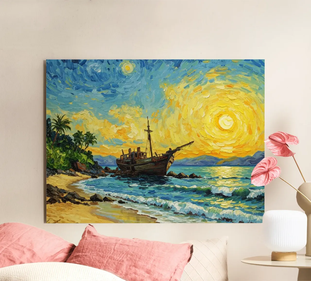 Vista della spiaggia con nave affondata in riva al mare alluminio dibond da Piper Shop Oke