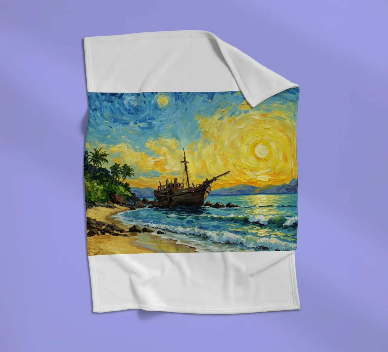 Vista della spiaggia con nave affondata in riva al mare coperta in pile da Piper Shop Oke