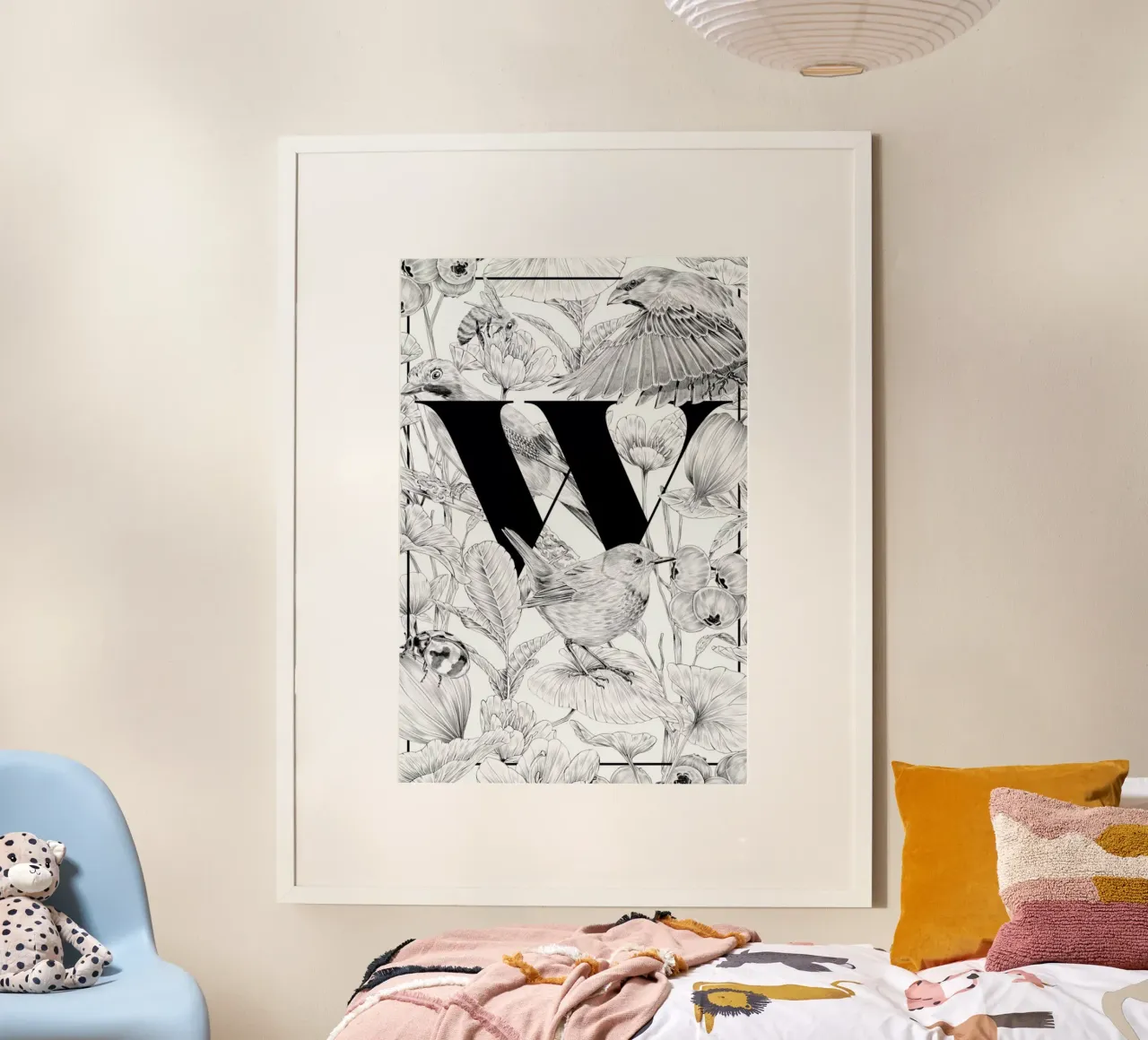Floral Alphabet W poster con telaio in legno da Faunesque