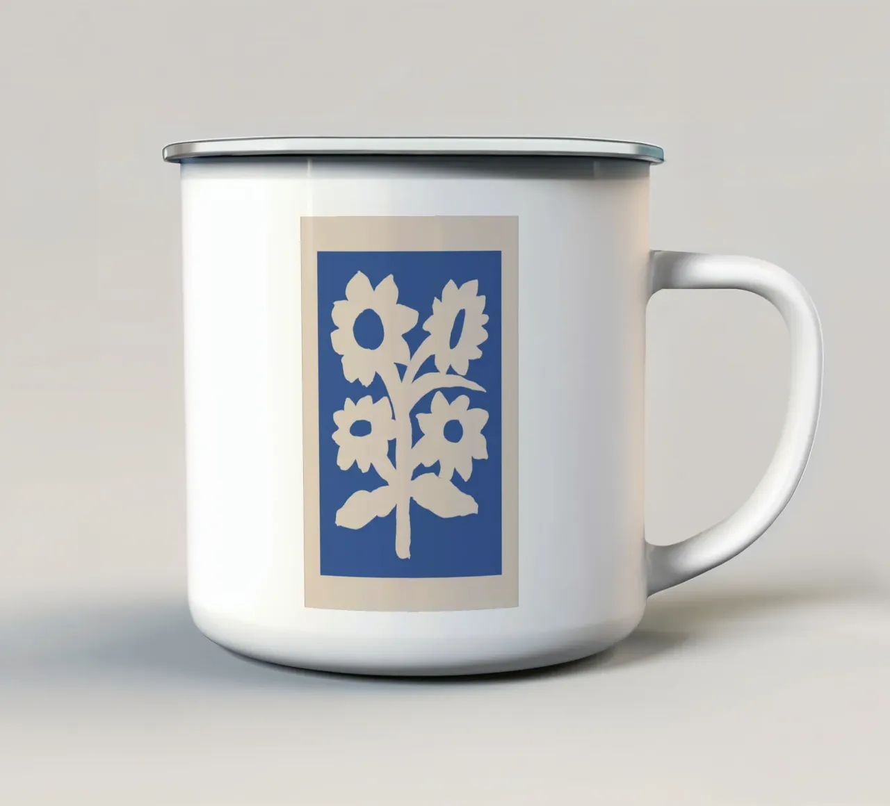 Abstract Beige Floral Silhouettes on Blue enamel mug by Melloi Art Print