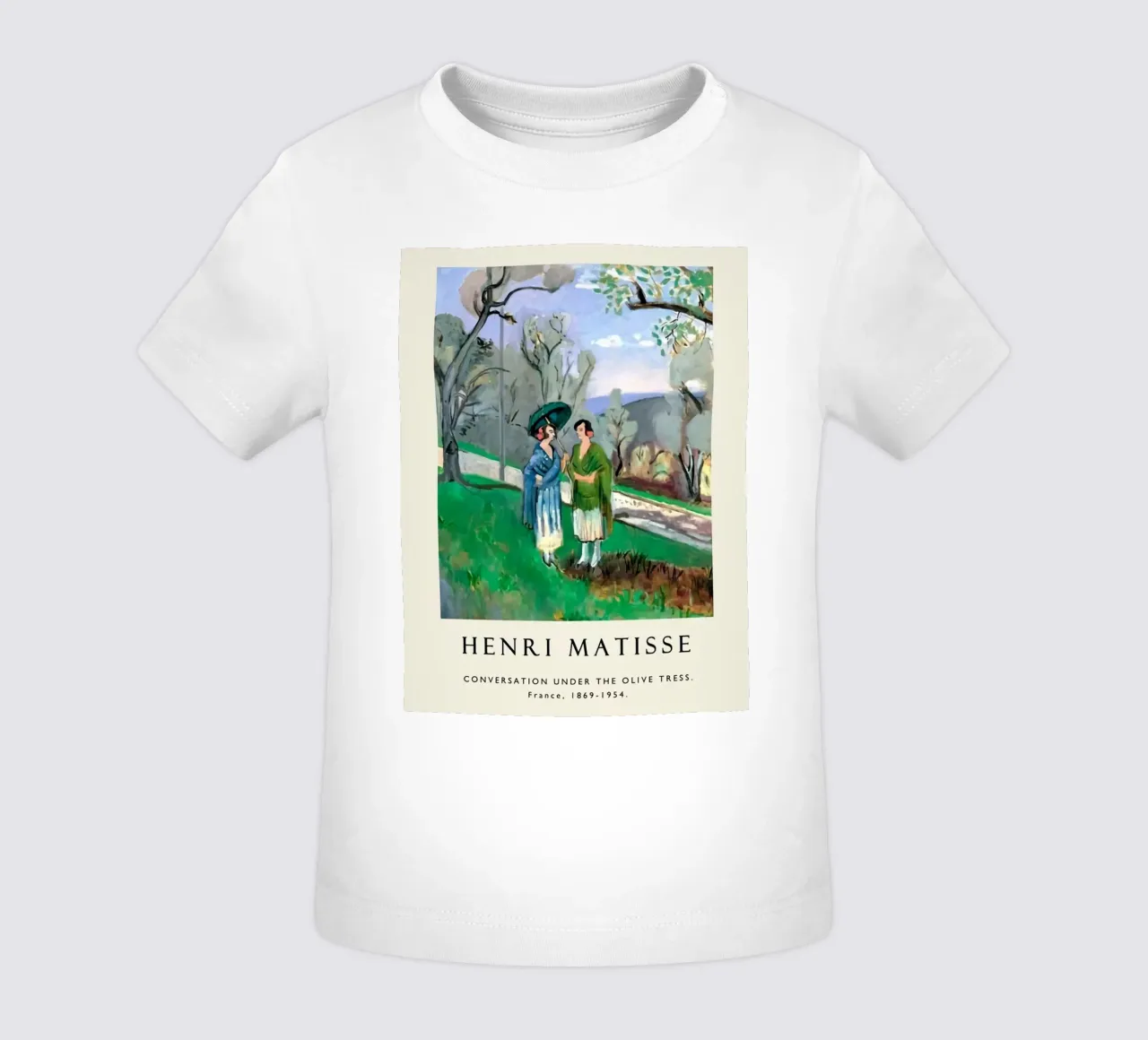 twee vrouwen babbelend onder een olijfboom baby t-shirt van sazkia art