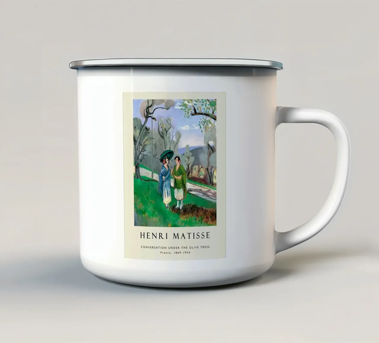 due donne che chiacchierano sotto un ulivo tazza in smalto da sazkia art