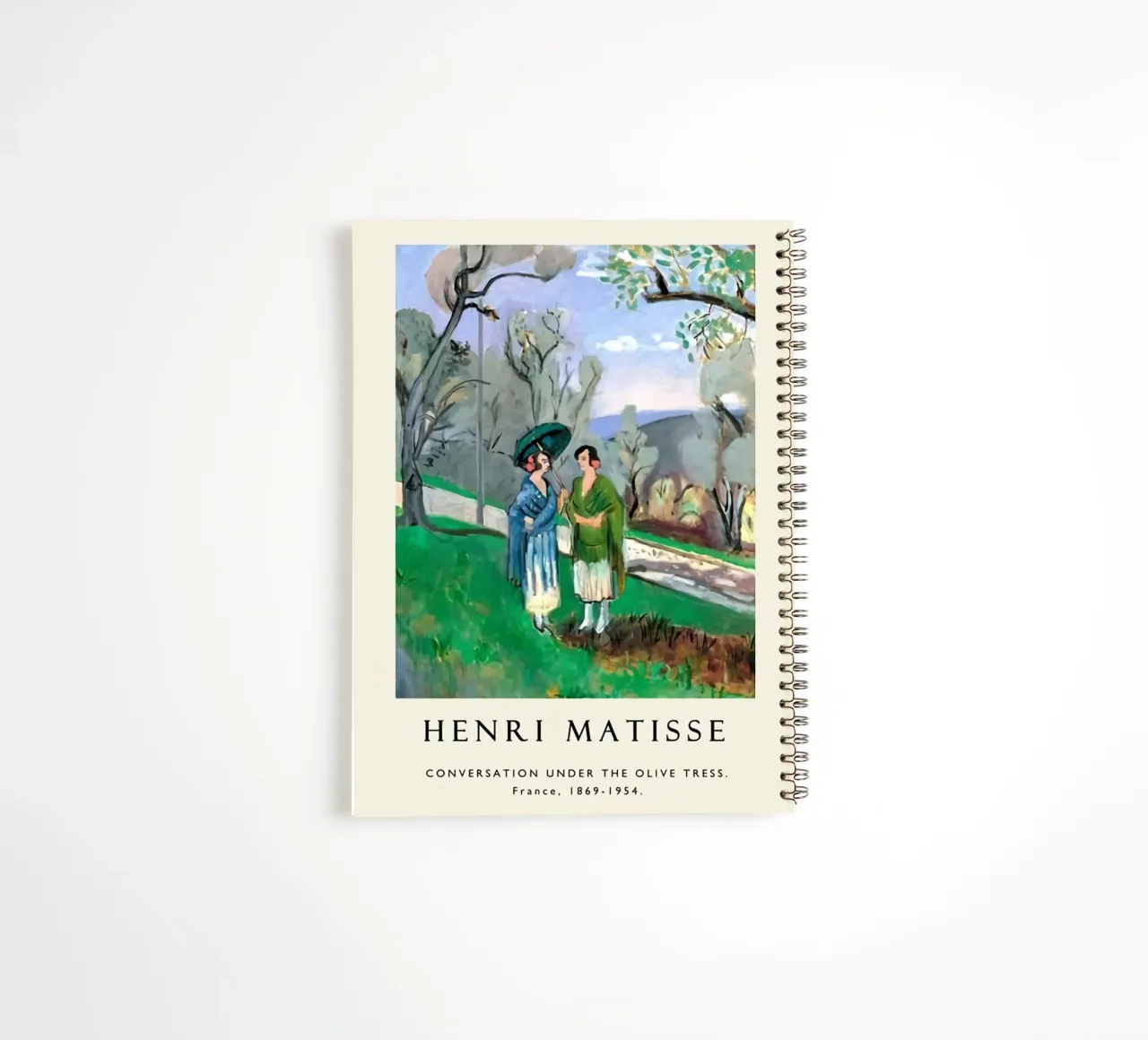 two women chatting under an olive tree spiral notebook by sazkia art