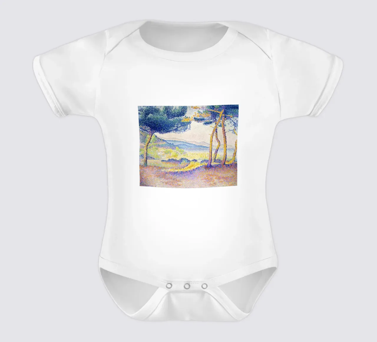 Henri-Edmond Cross’s Pines Along the Shore (1896) short-sleeve baby romper by Venus Art