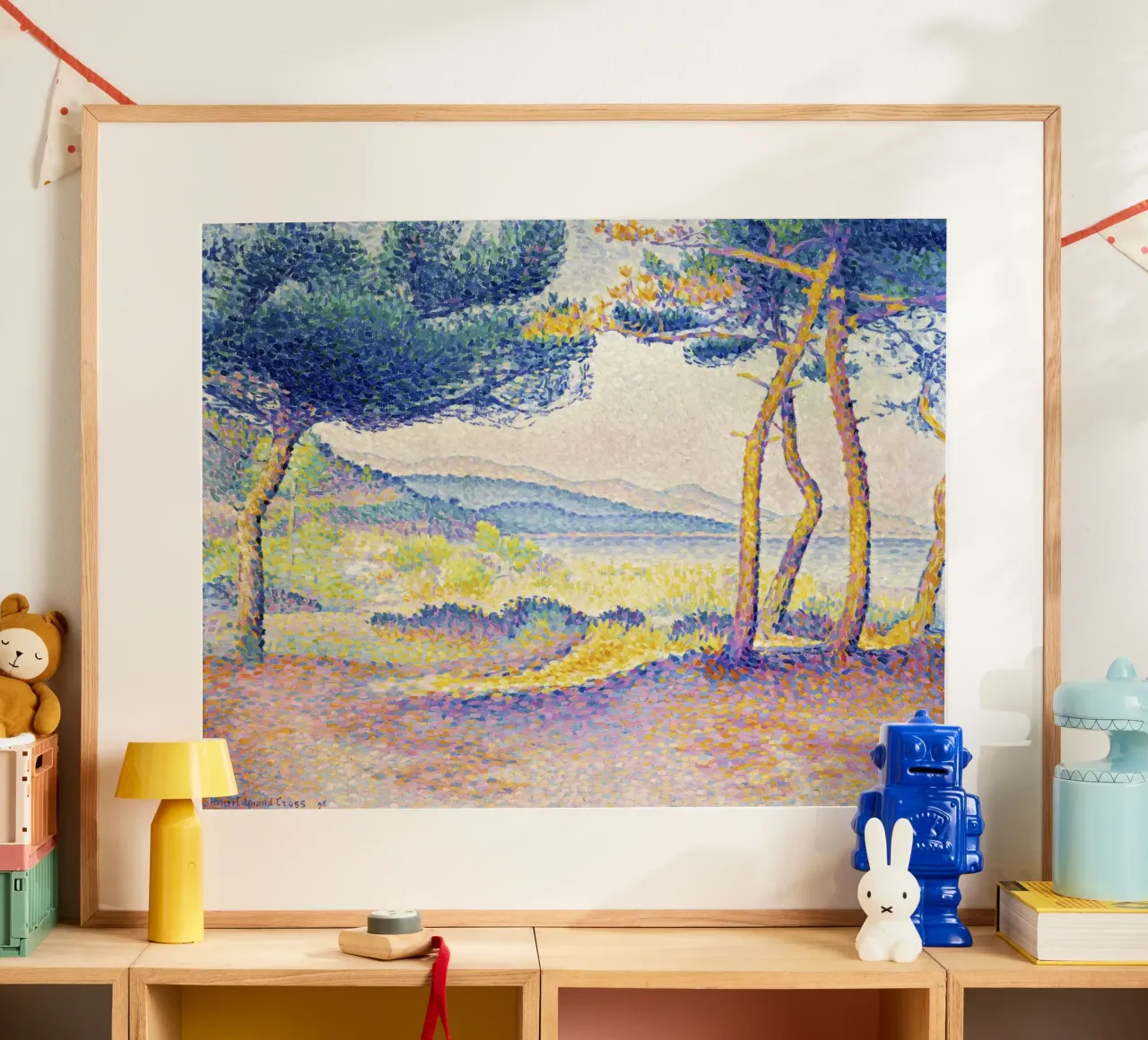 Pijnbomen langs de kust van Henri-Edmond Cross (1896) poster met kunststof frame van Venus Art