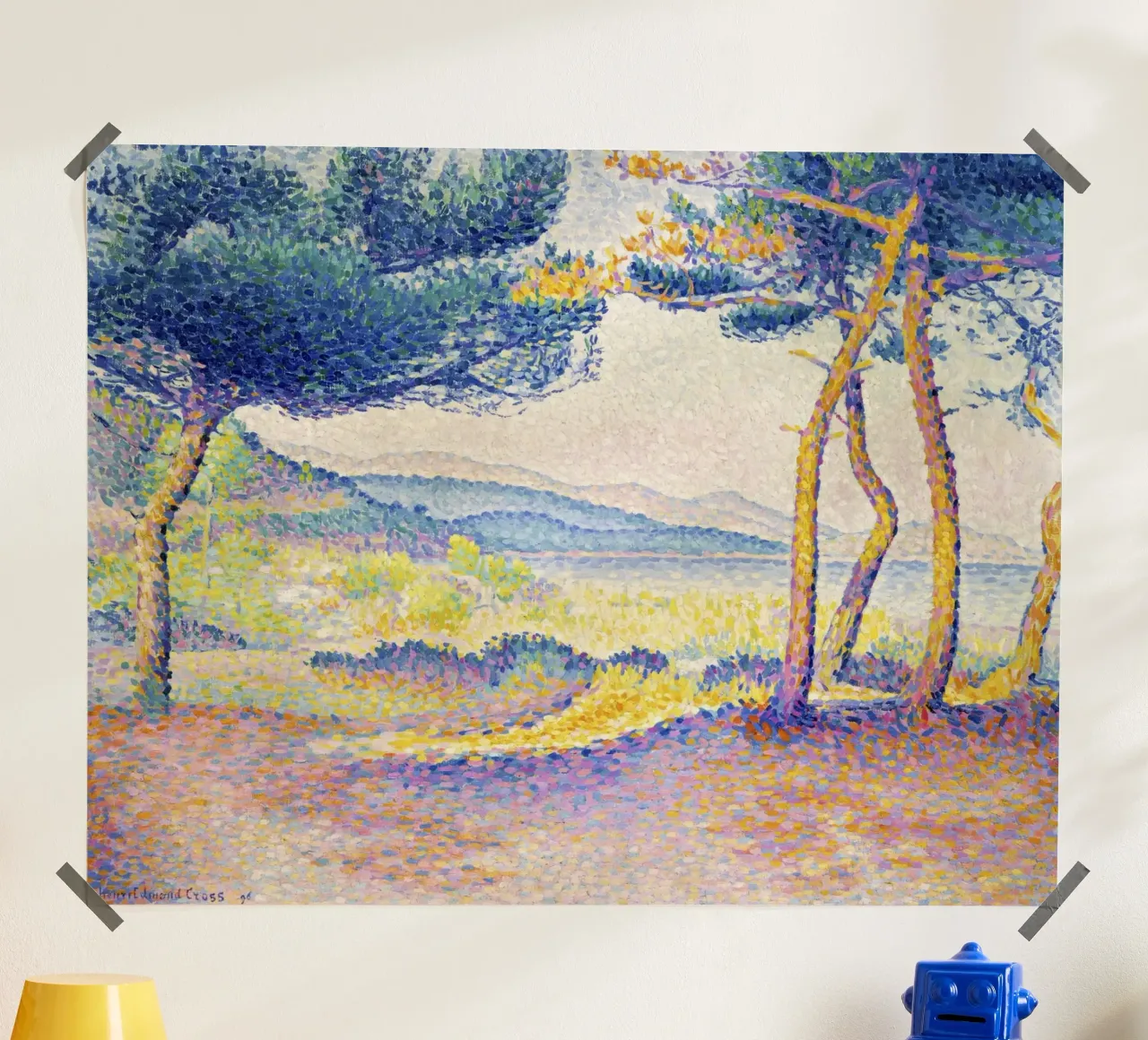 Pijnbomen langs de kust van Henri-Edmond Cross (1896) poster met kunststof frame van Venus Art