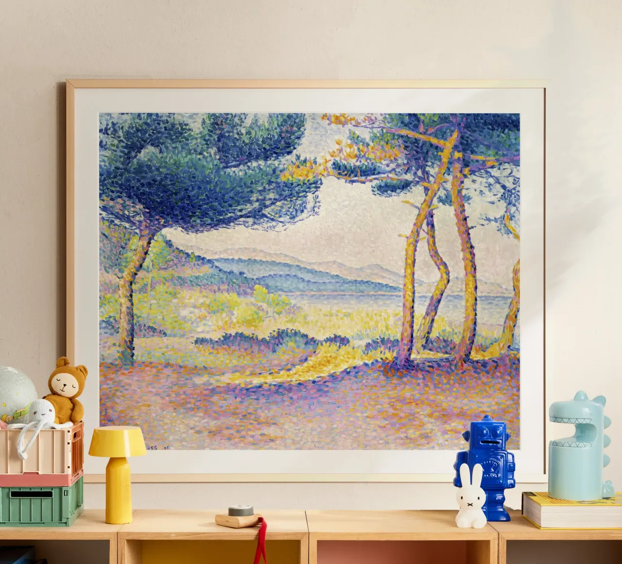 Pijnbomen langs de kust van Henri-Edmond Cross (1896) poster met kunststof frame van Venus Art